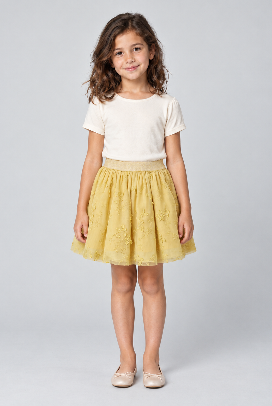 Full-front model photo — GSK0719 yellow embroidered girls skirt