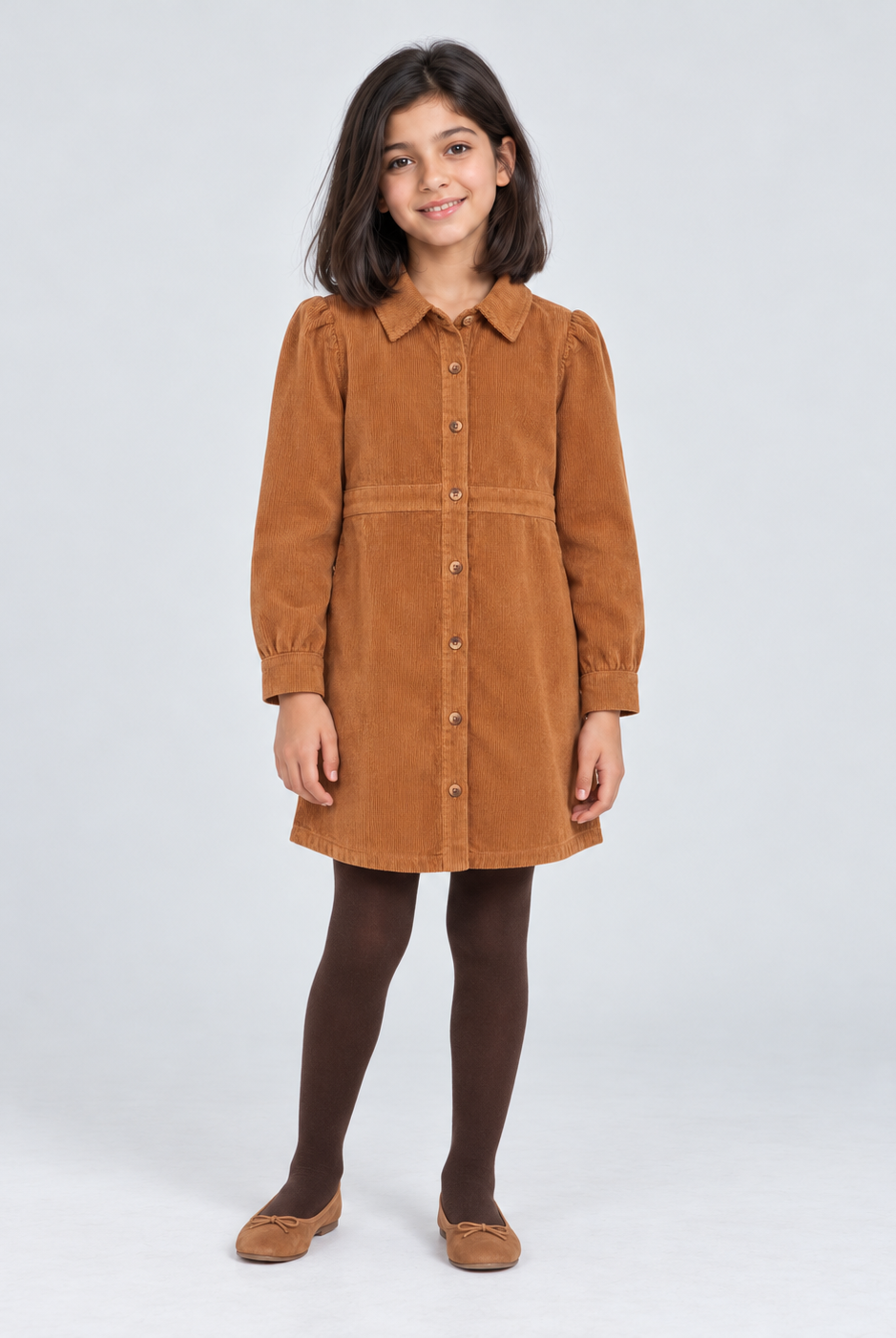 Full-front model photo — GDR2171 brown girls corduroy shirt dress