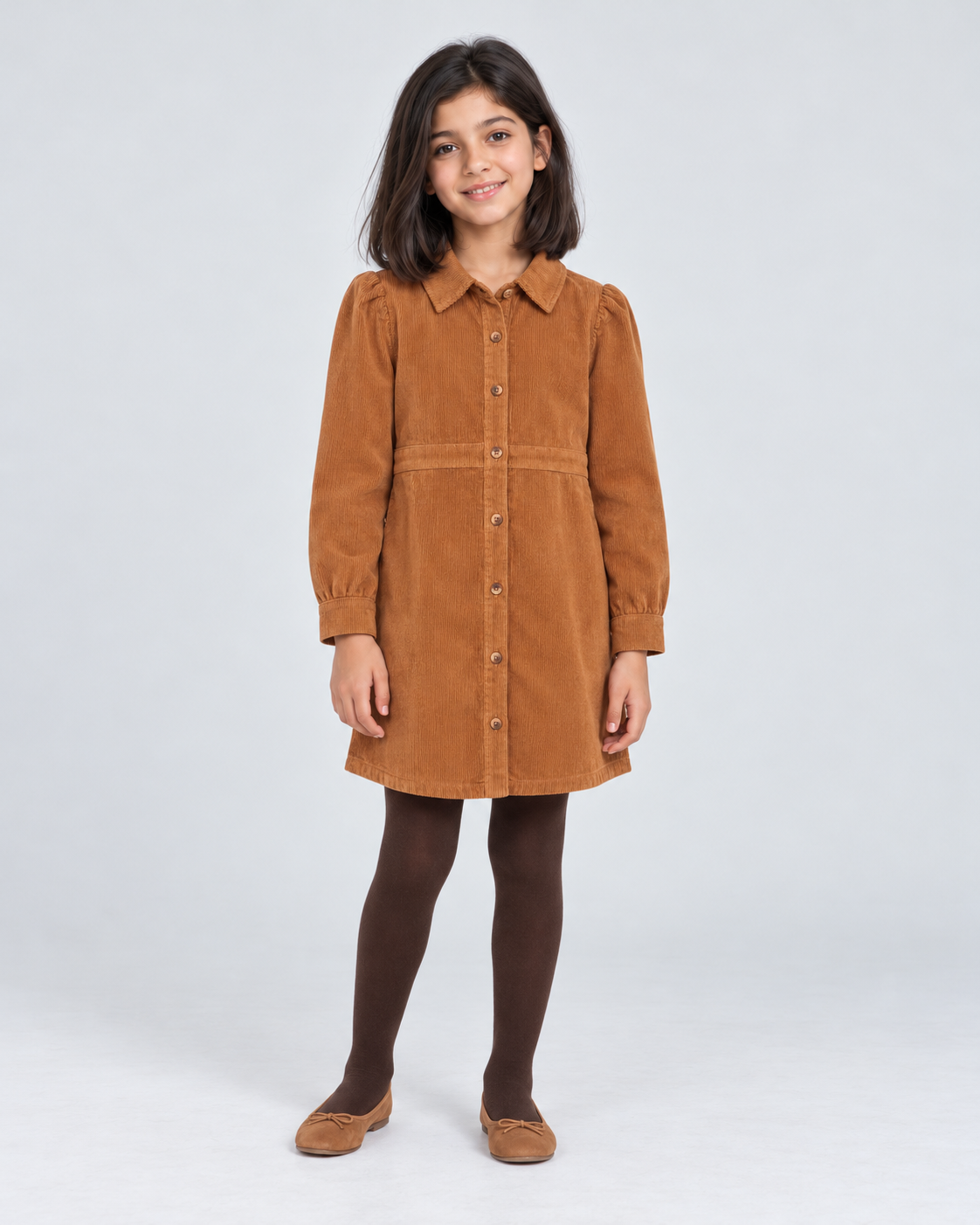 Full-front model photo — GDR2171 brown girls corduroy shirt dress