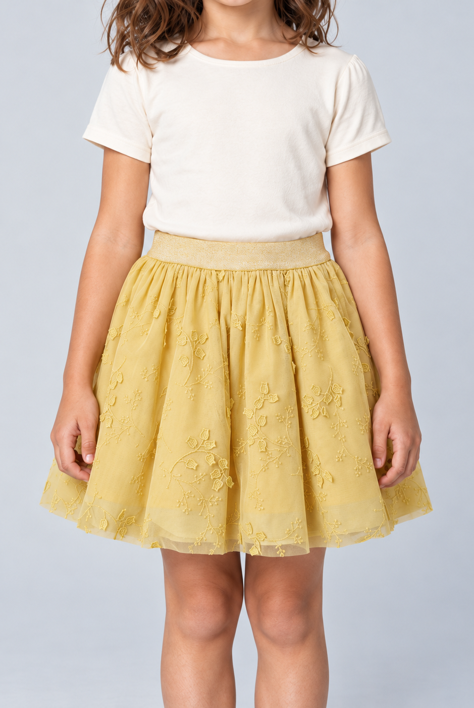 Garment detail — GSK0719 yellow embroidered girls skirt