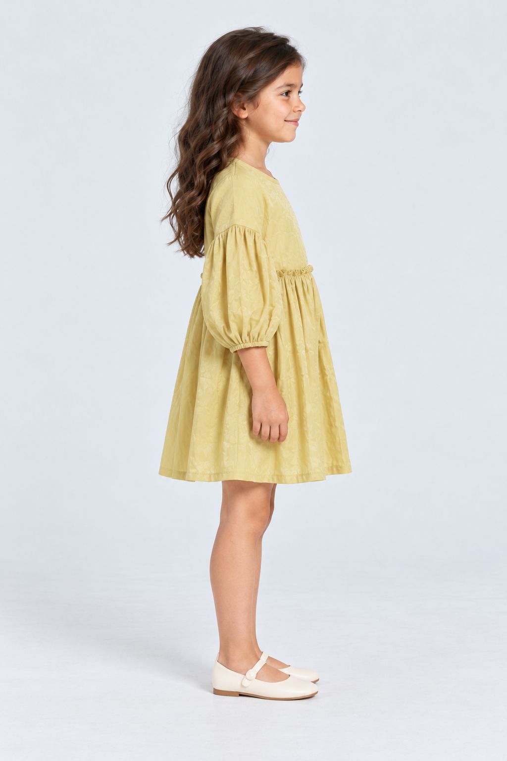فستان واسع مكشكش من أسفل كم طويل بف بناتي, yellow, right model view