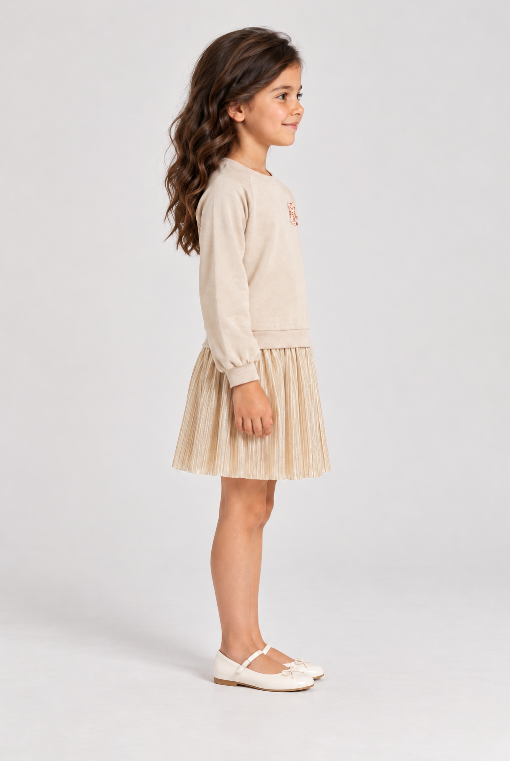 فستان شتوي مكشكش من أسفل لامع كم طويل بناتي, beige, right model view