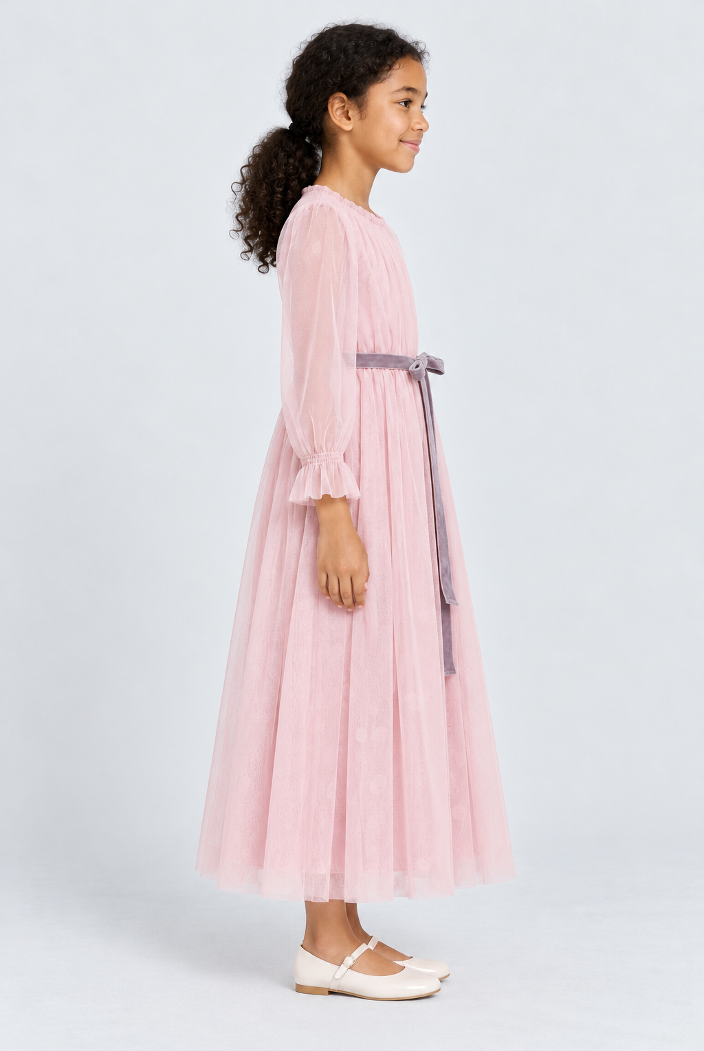 فستان طويل حزام على الخصر كم طويل بناتي, pink, right model view
