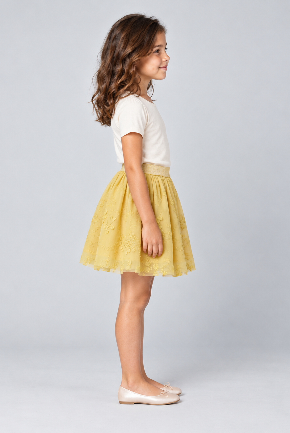 Side view — GSK0719 yellow embroidered girls skirt