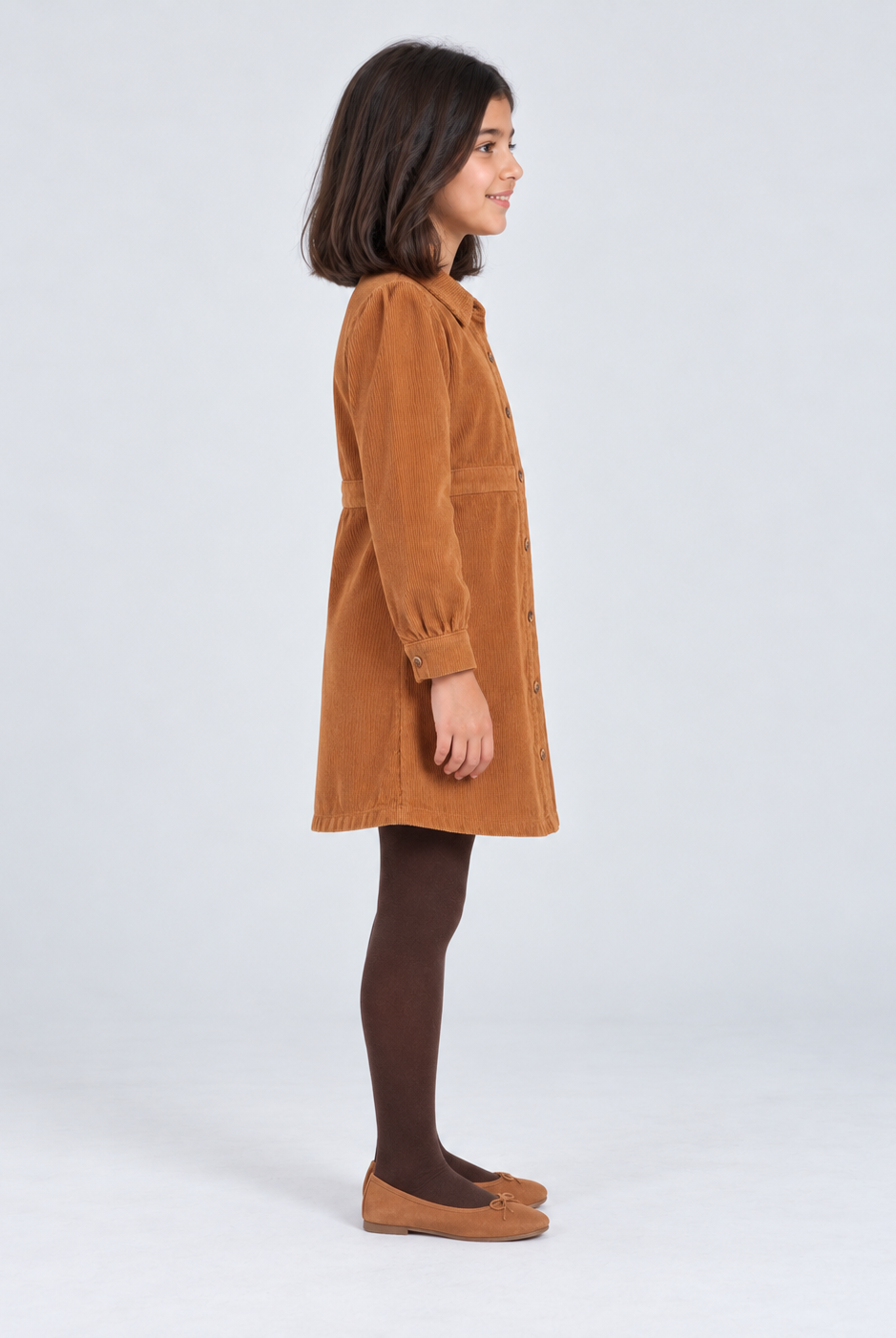 Side view — GDR2171 brown girls corduroy shirt dress