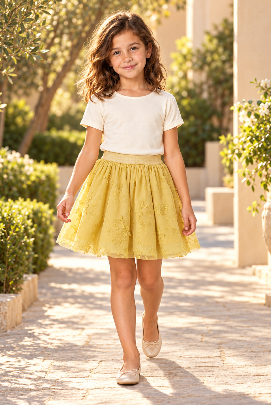 Lifestyle photo — GSK0719 yellow embroidered girls skirt