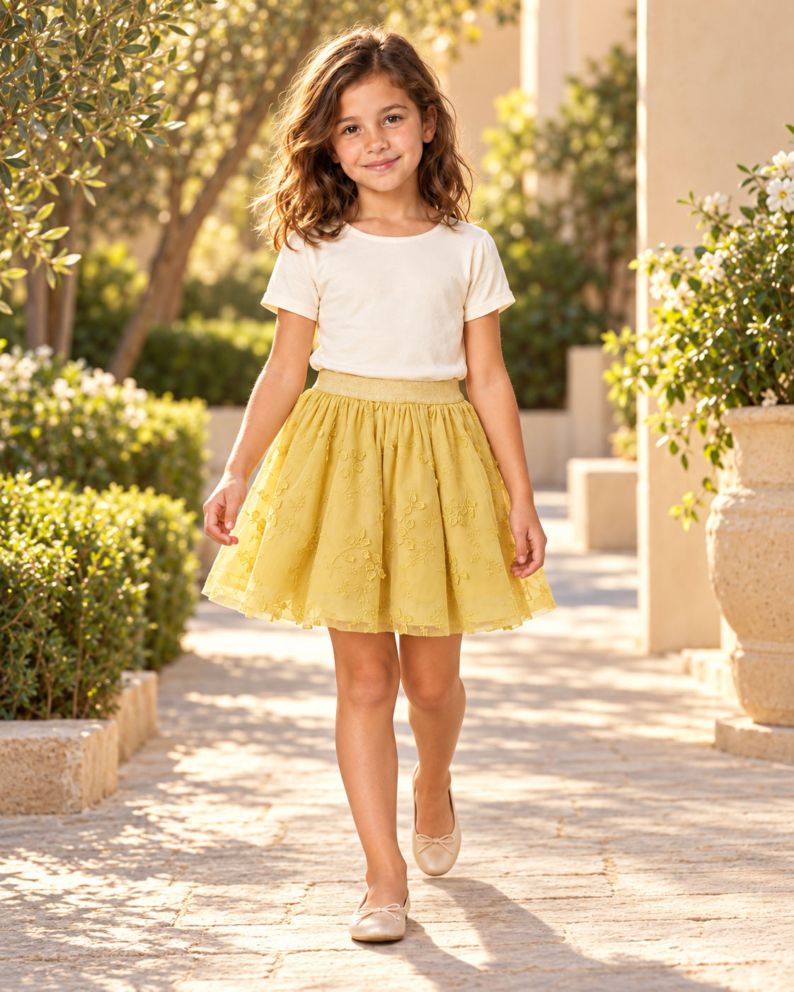 Lifestyle photo — GSK0719 yellow embroidered girls skirt