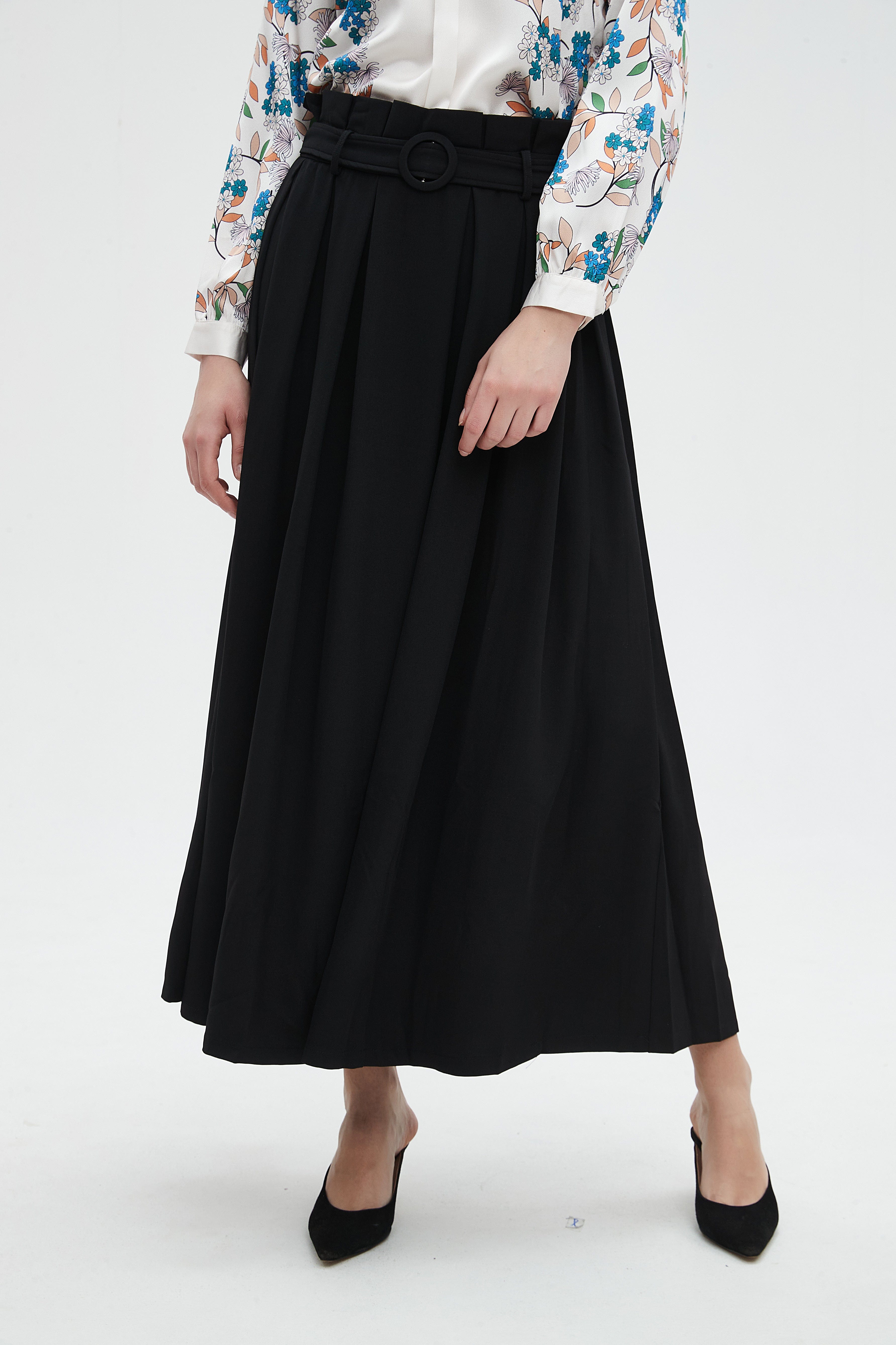 نتشي تنورة نسائية طويله سادة بخصر كشكش وحزام