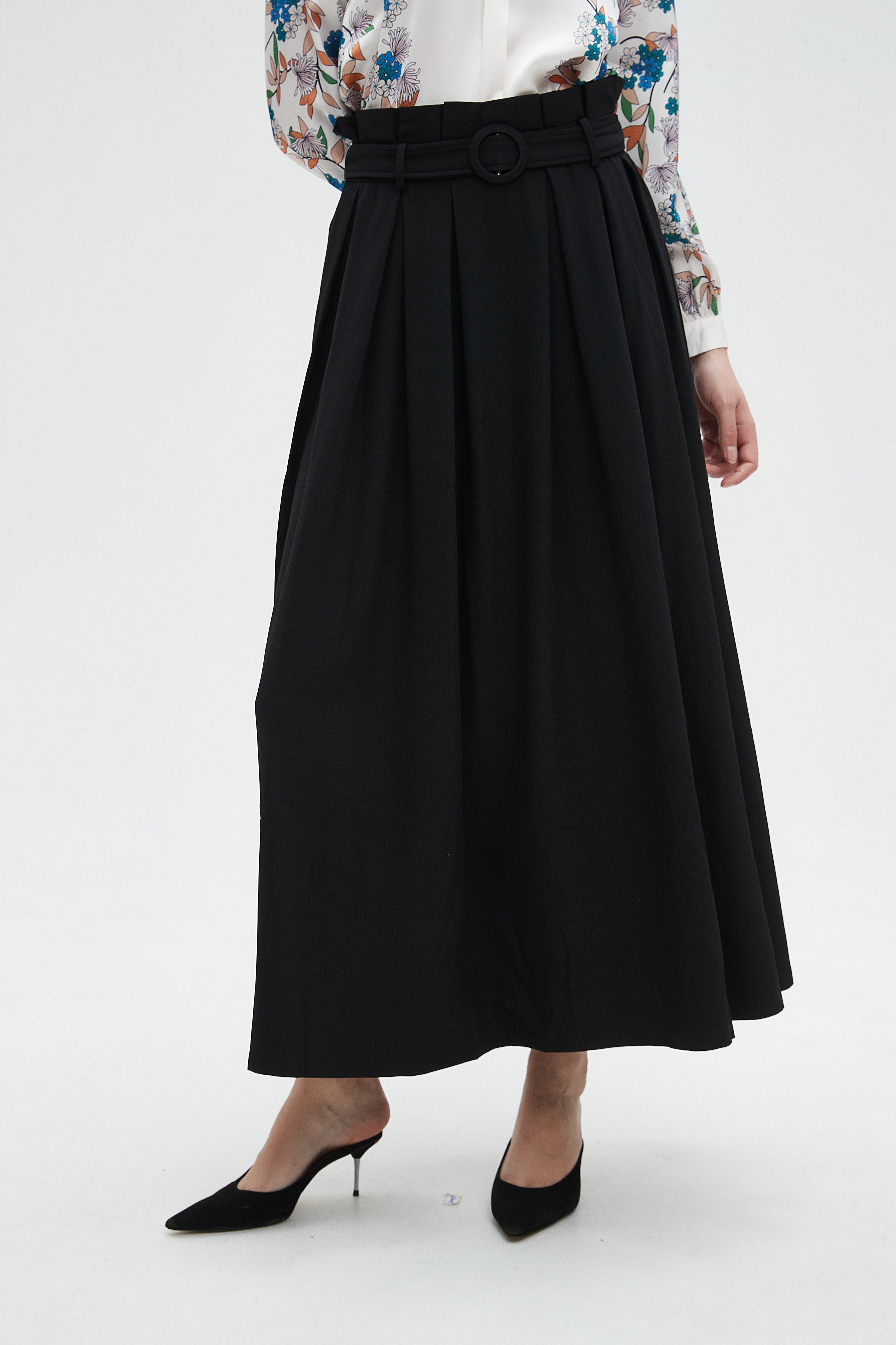 نتشي تنورة نسائية طويله سادة بخصر كشكش وحزام