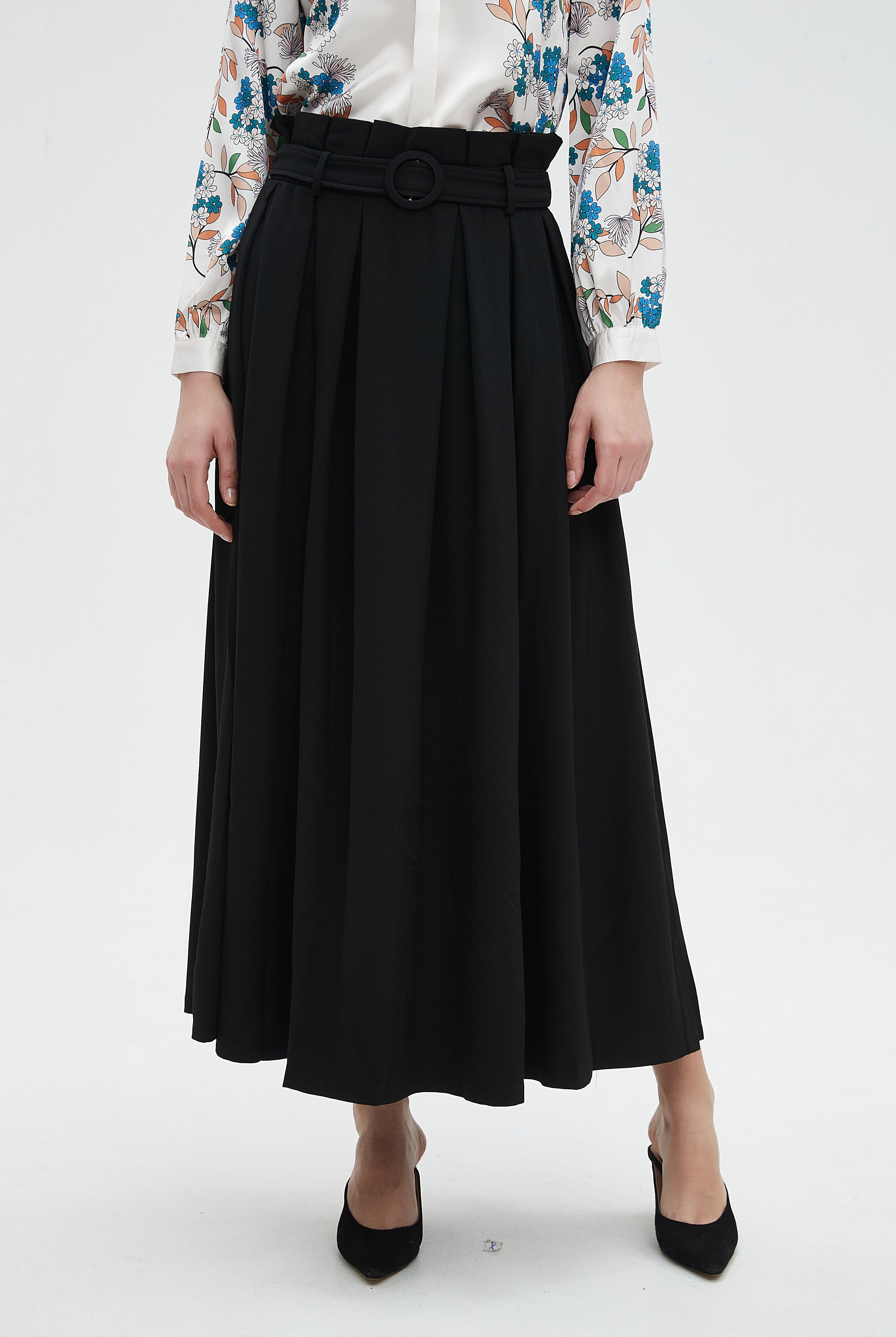 نتشي تنورة نسائية طويله سادة بخصر كشكش وحزام