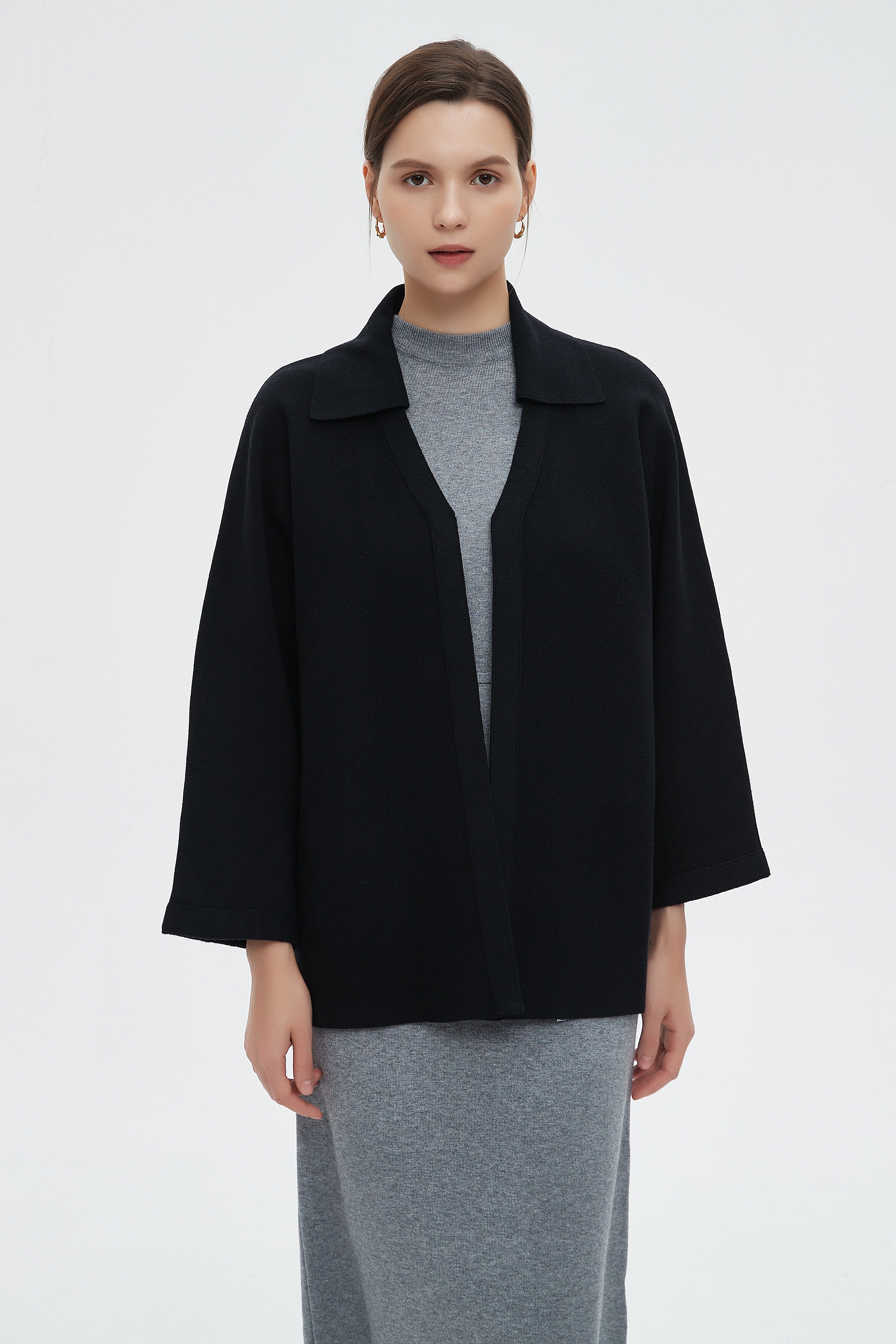 ميكا كارديجان نسائي كم طويل بياقة شتوي مفتوح من الامام