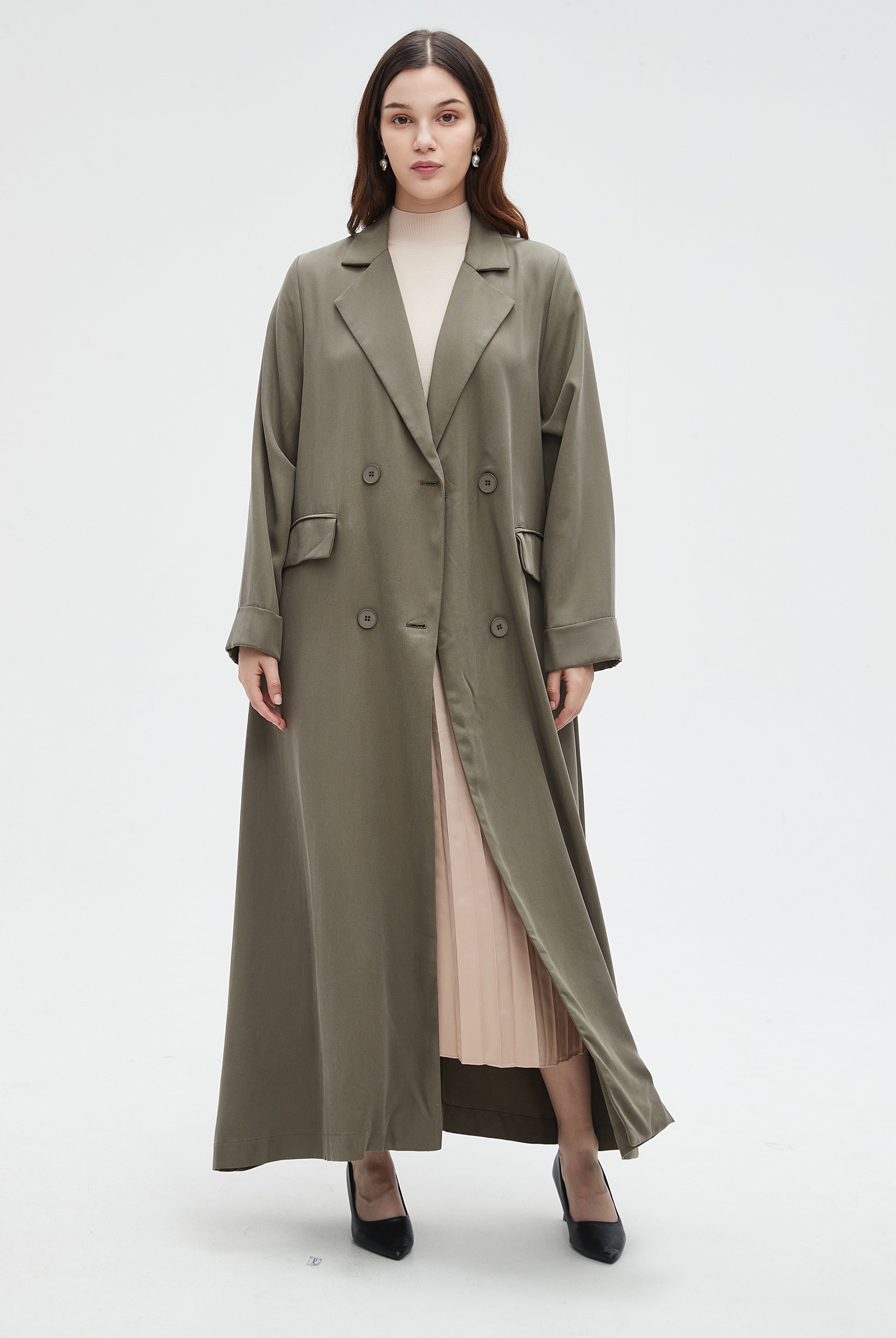 نتشي جاكيت ماكسي ساده بكم طويل وازرار من الامام