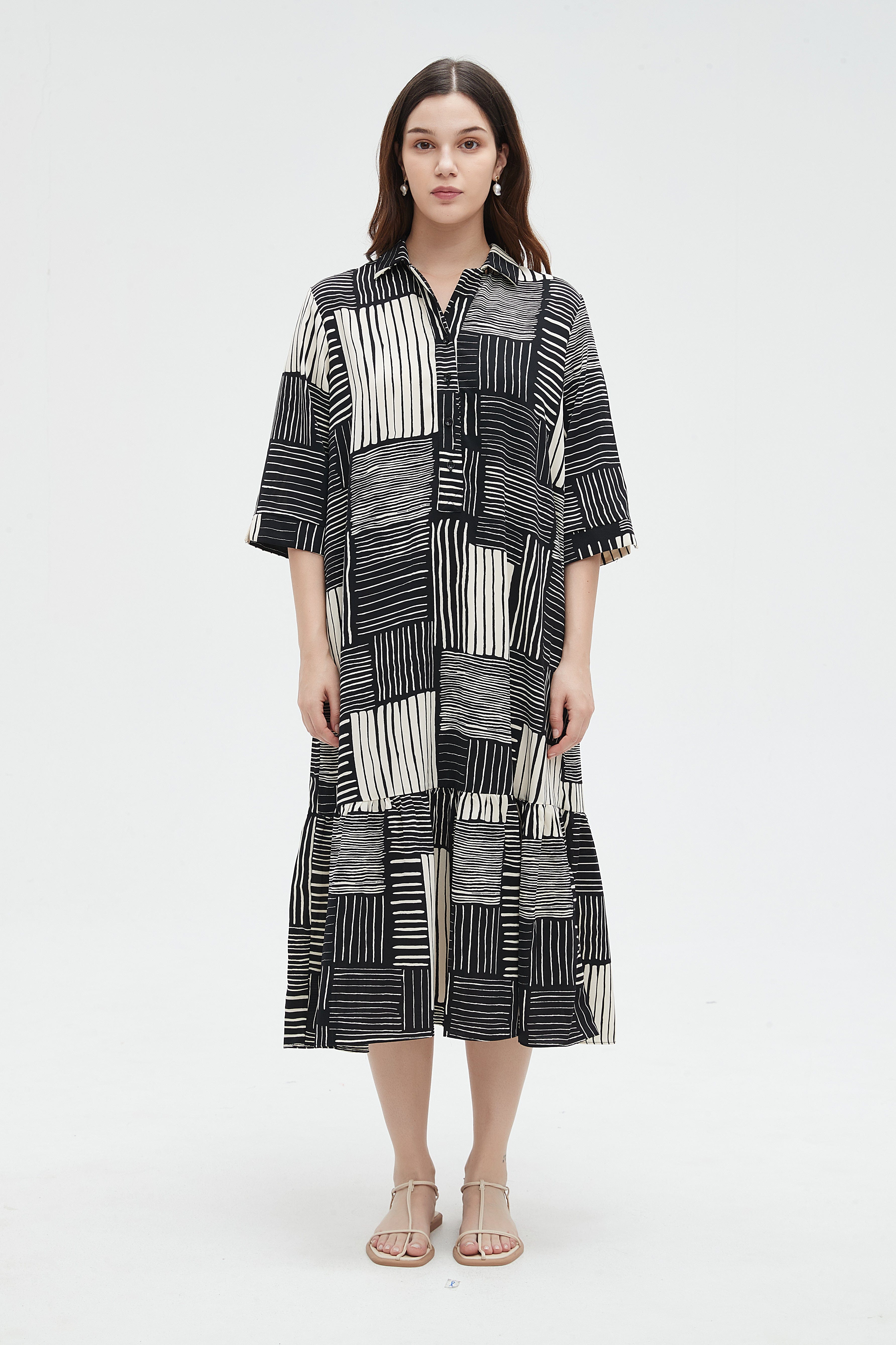 نتشي فستان ميدي مشجر 3/4 كم