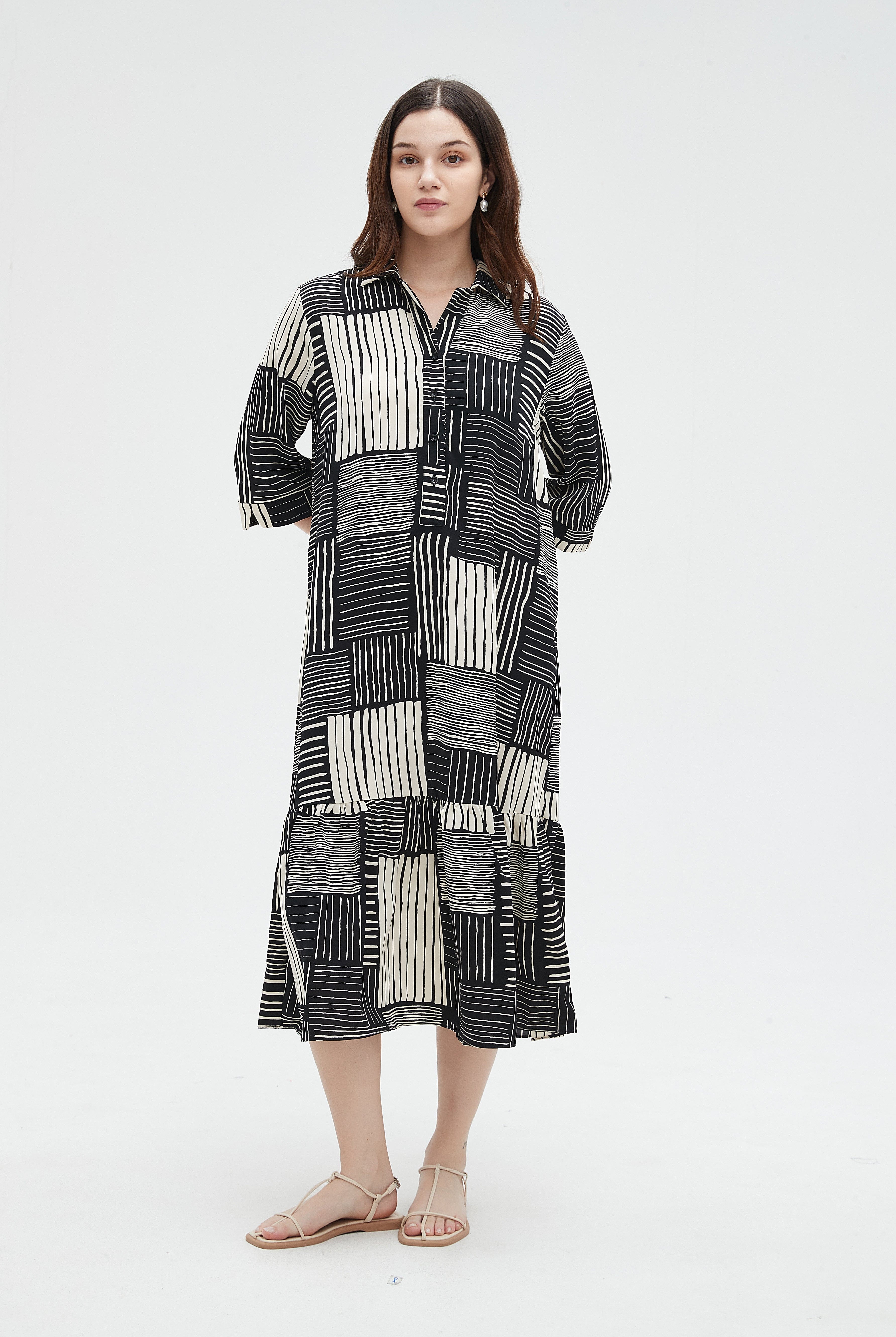 نتشي فستان ميدي مشجر 3/4 كم