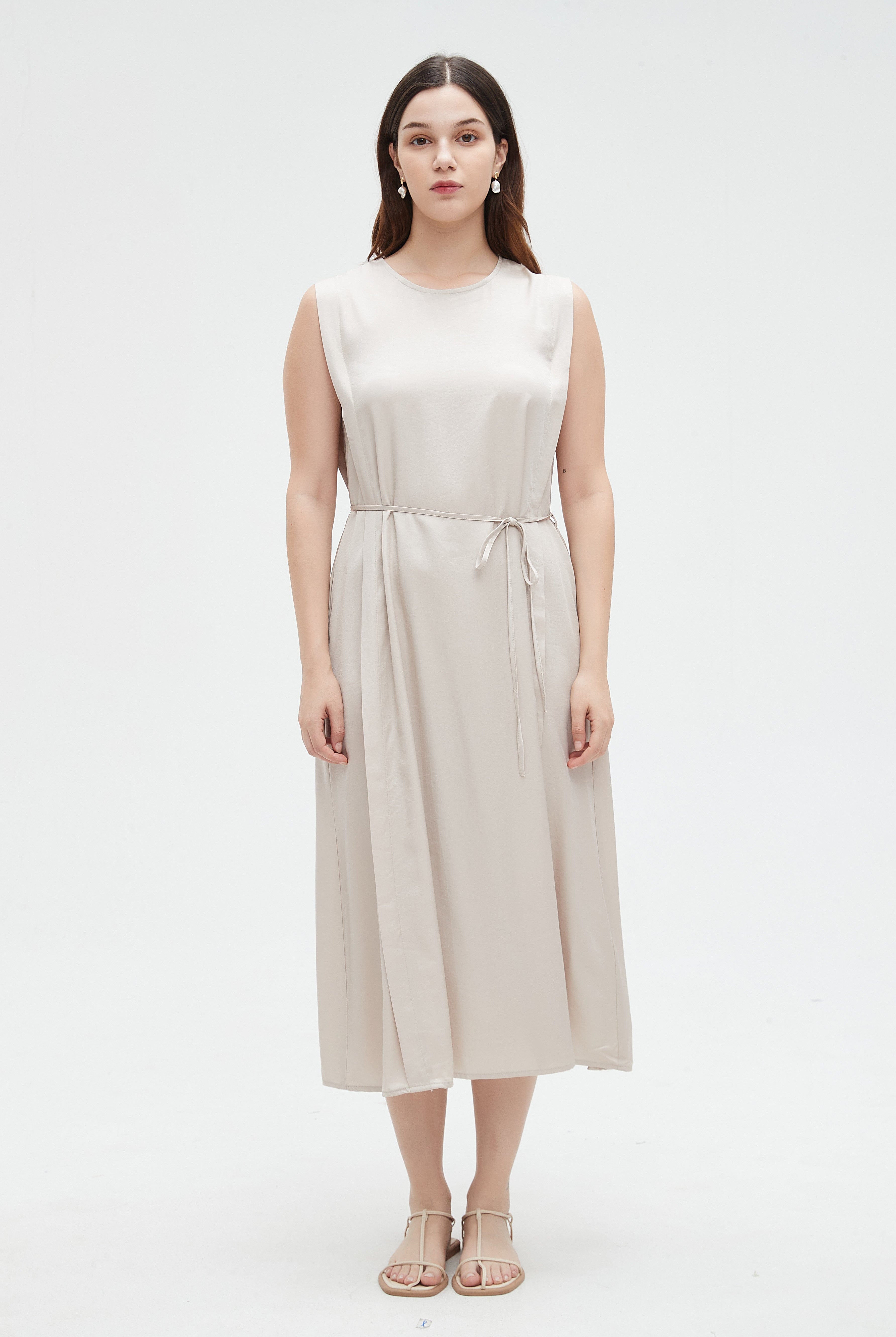 نتشي فستان ميدي كات نسائي ساده برباط على الخصر