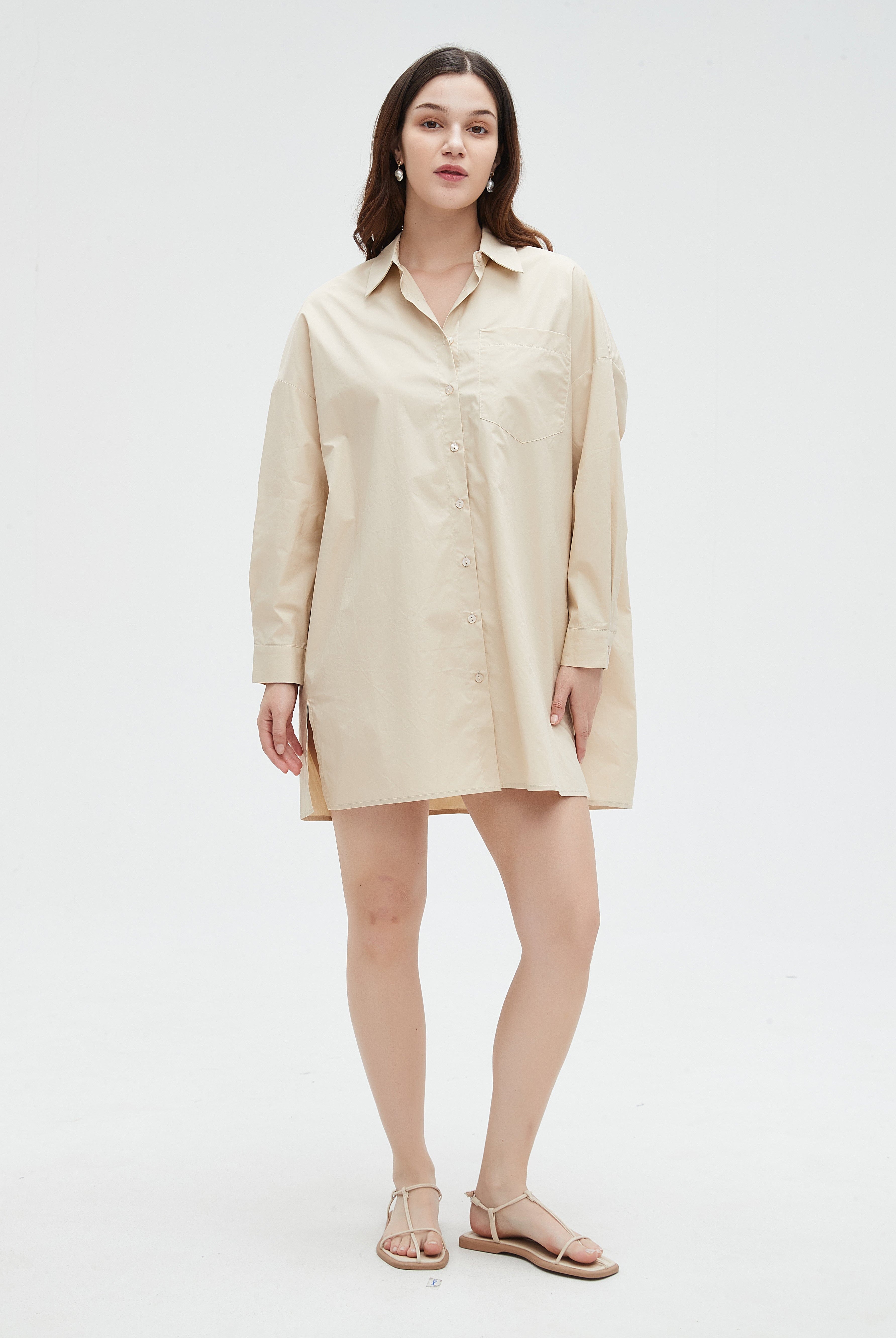 نتشي فستان نسائي سادة واسع قصير بأزرار أمامية وأكمام طويلة