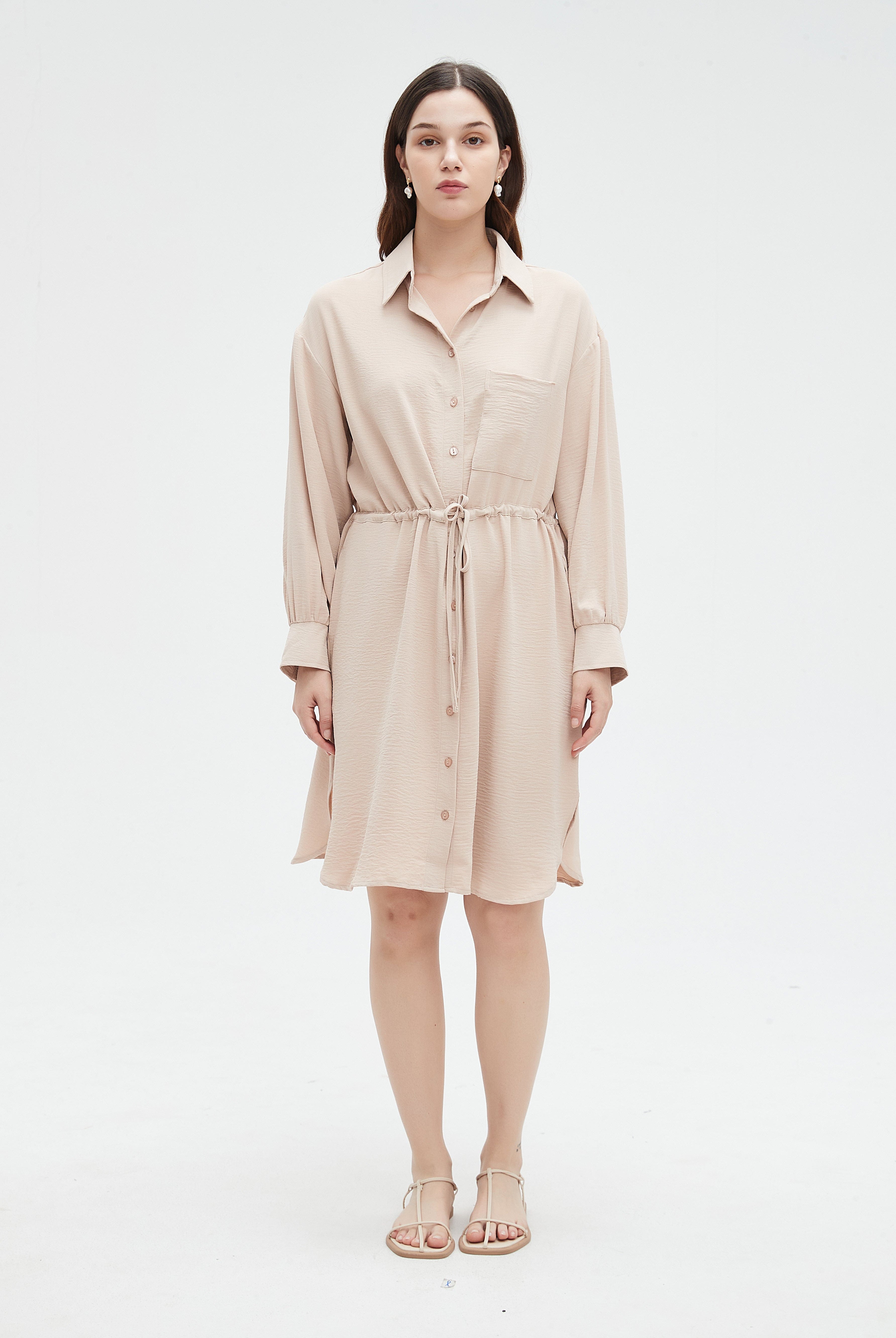 نتشي فستان نسائي ميدي بأكمام طويلة ورباط على الخصر سادة