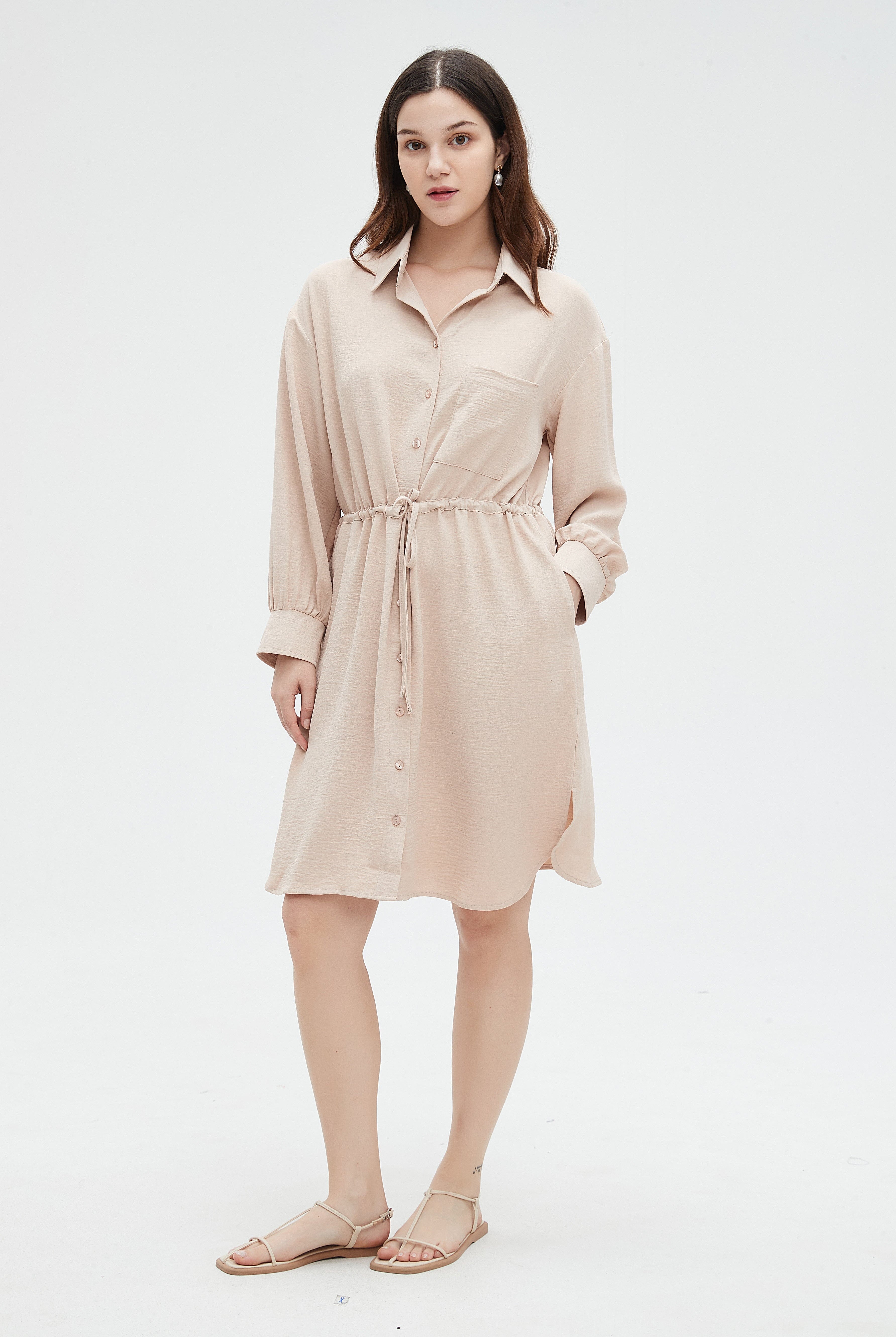 نتشي فستان نسائي ميدي بأكمام طويلة ورباط على الخصر سادة