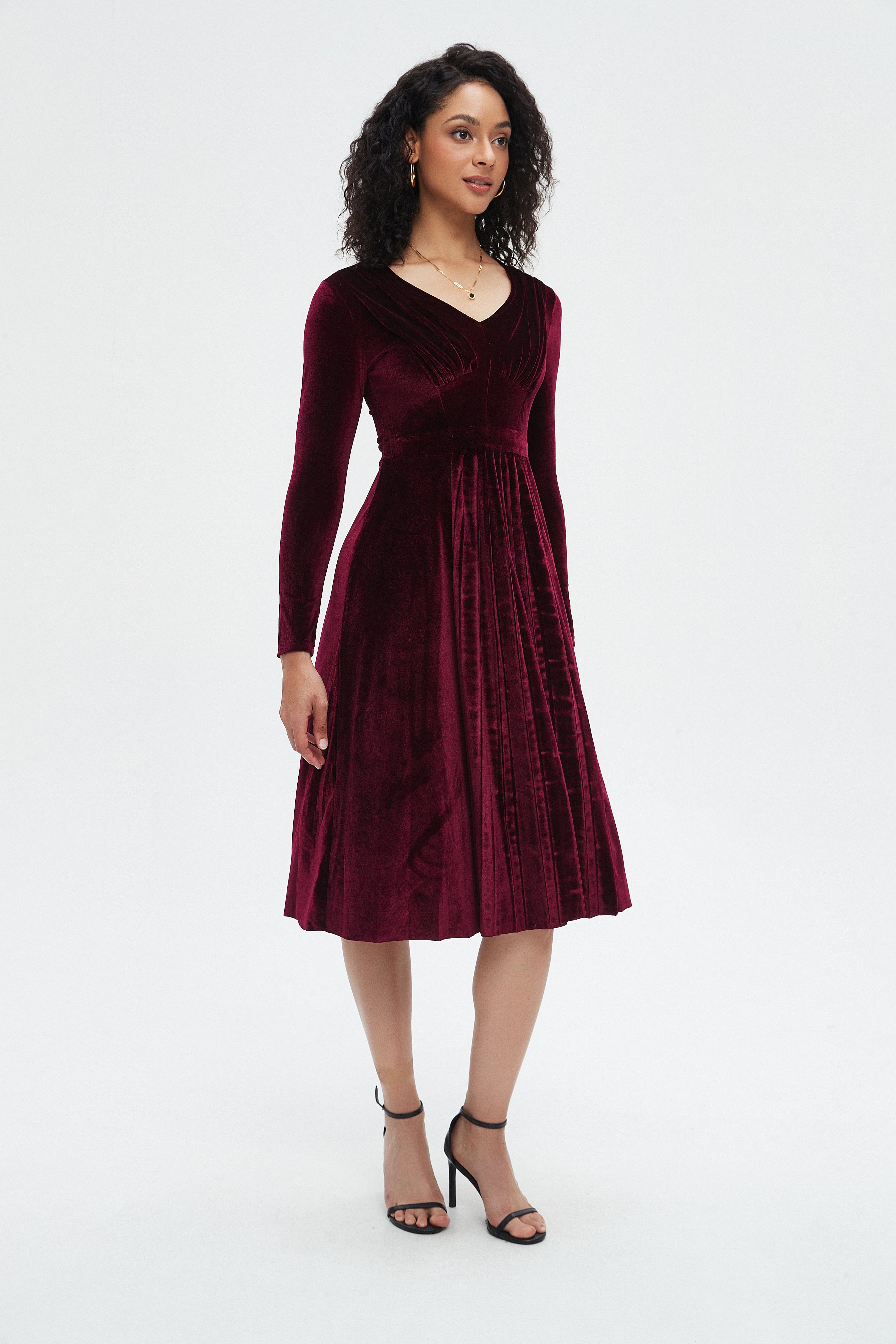 نتشي فستان ميدي سادة مخصر كم طويل نسائي