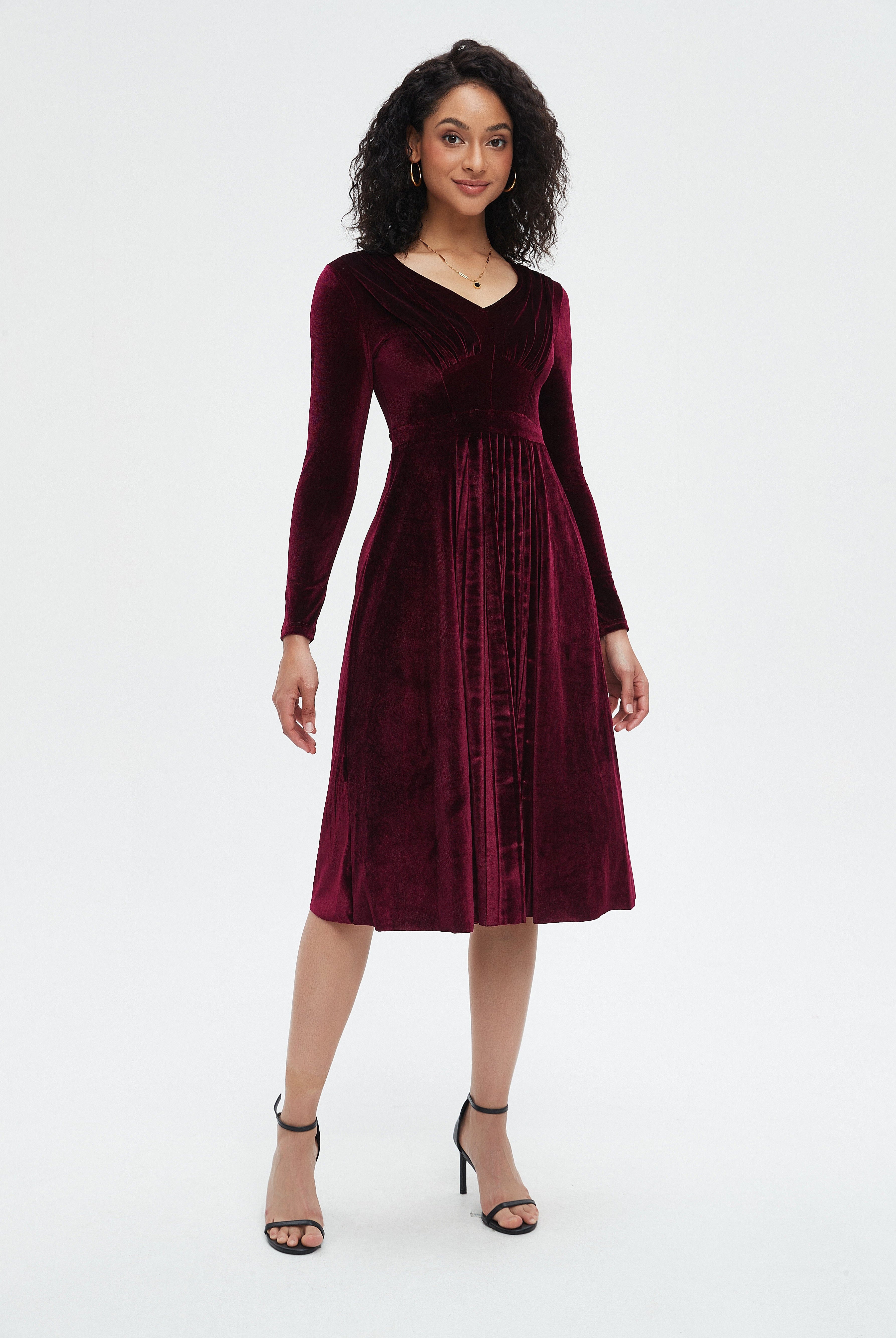 نتشي فستان ميدي سادة مخصر كم طويل نسائي