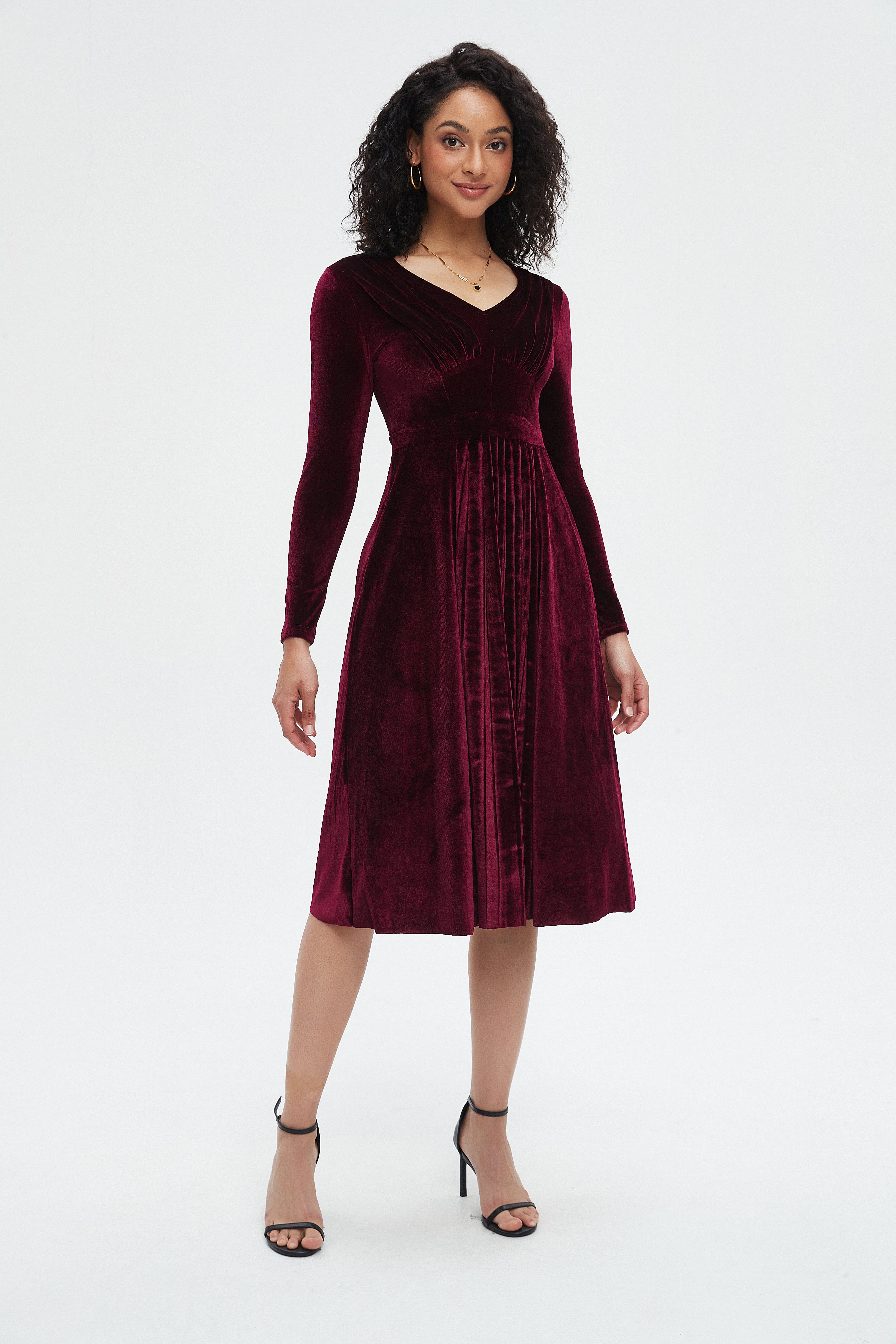 نتشي فستان ميدي سادة مخصر كم طويل نسائي