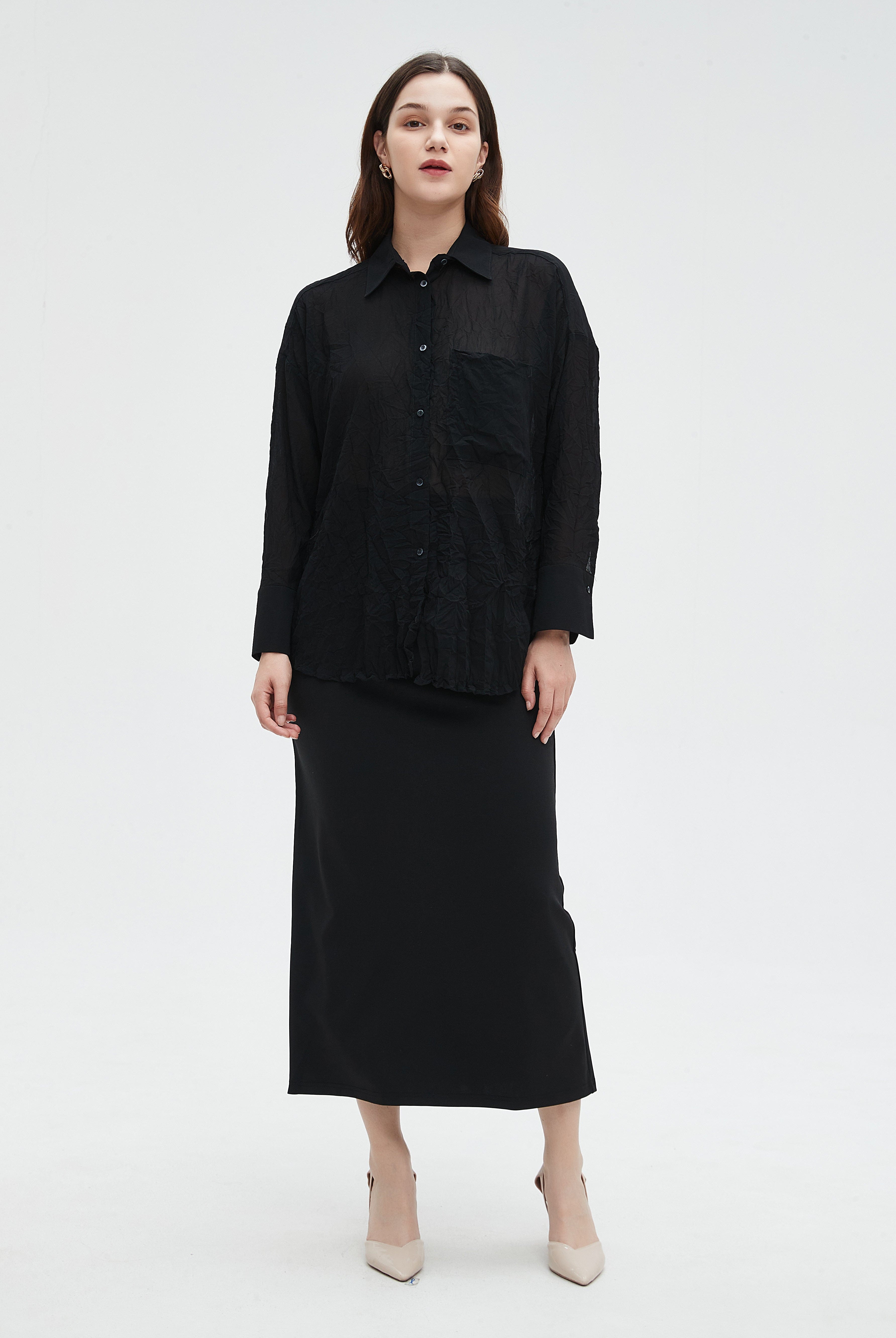 نتشي قميص نسائي سادة بأكمام طويلة وازرار أمامية