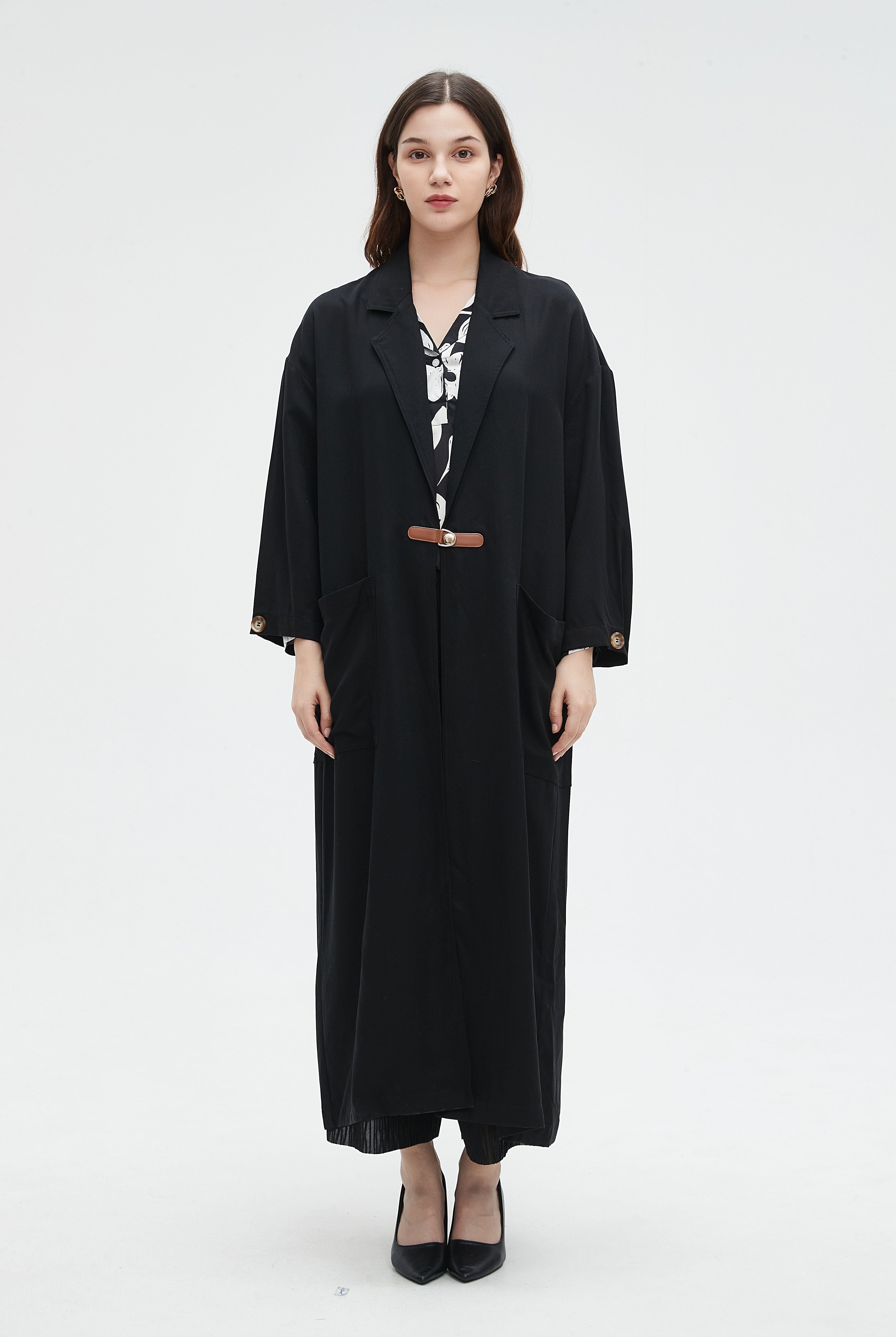 نتشي معطف طويل بكم طويل ساده بياقة طويلة