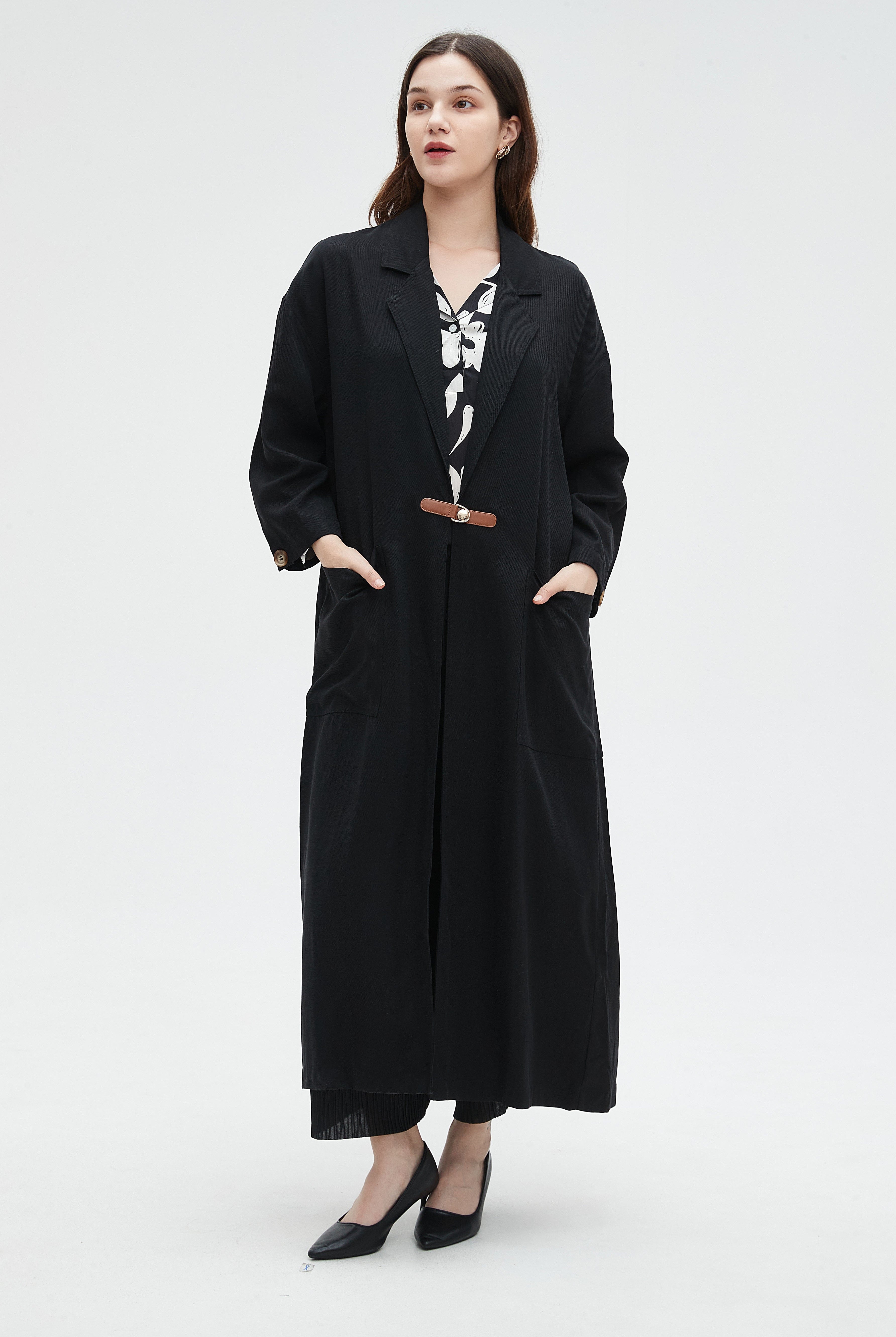 نتشي معطف طويل بكم طويل ساده بياقة طويلة