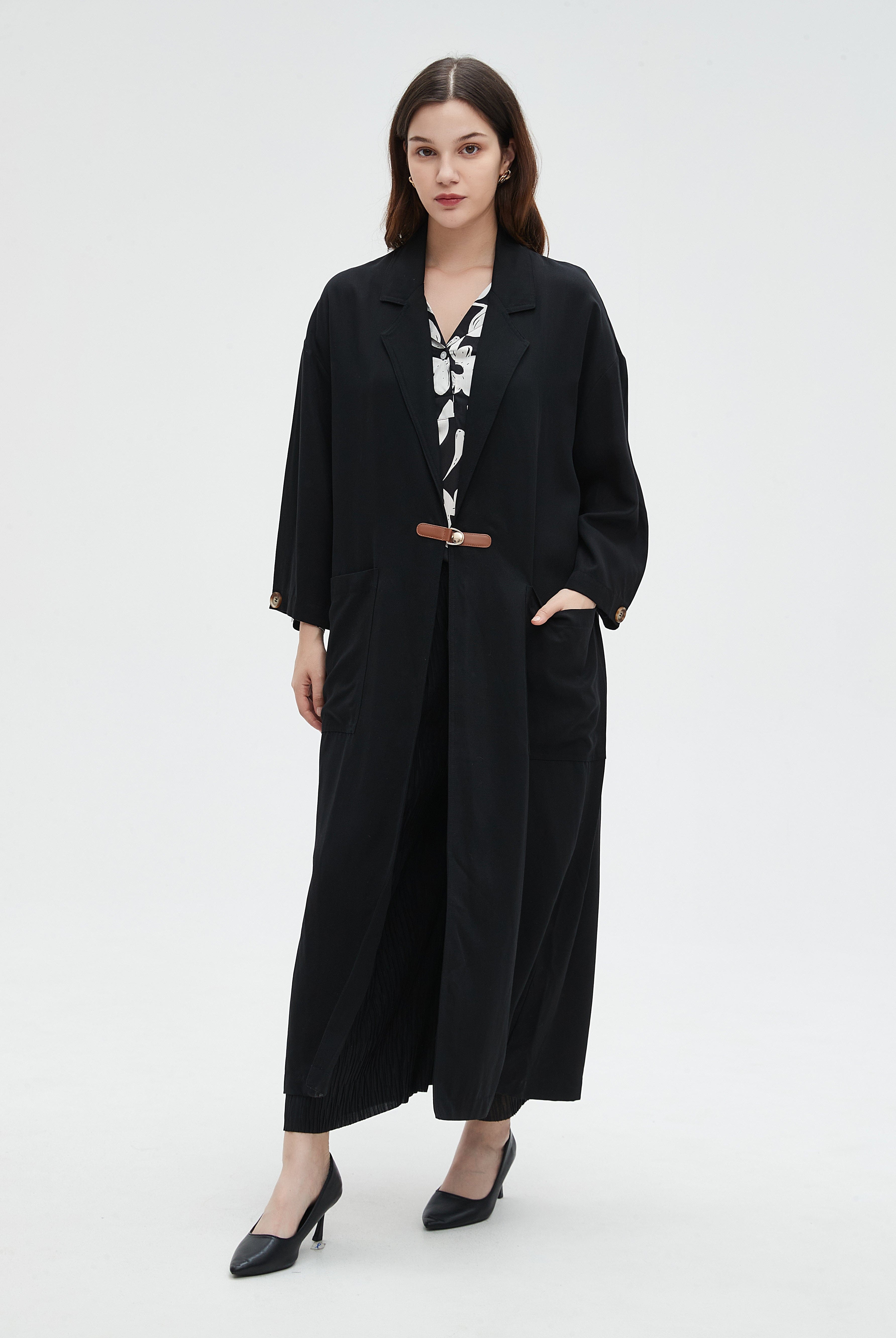 نتشي معطف طويل بكم طويل ساده بياقة طويلة