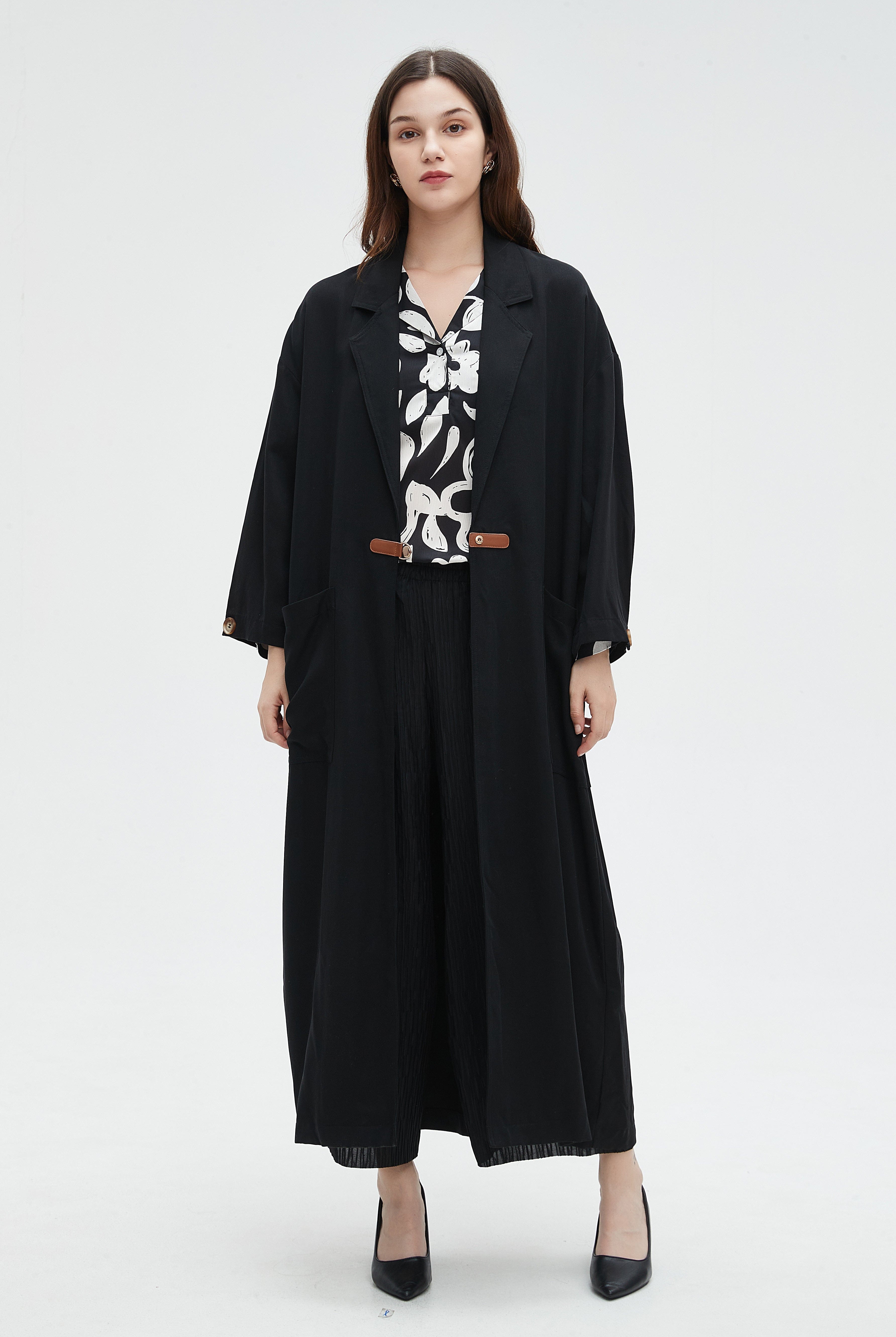 نتشي معطف طويل بكم طويل ساده بياقة طويلة