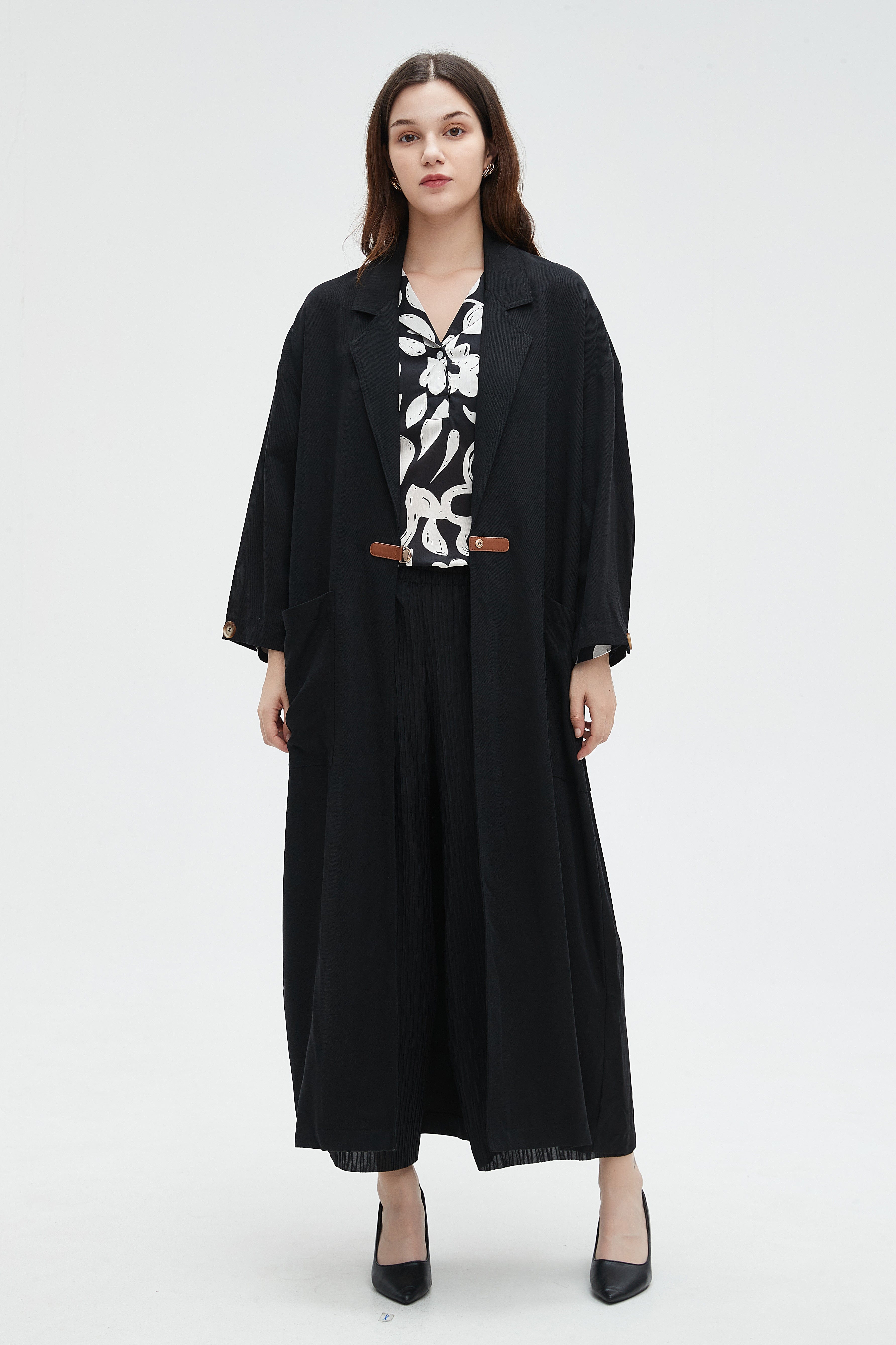 نتشي معطف طويل بكم طويل ساده بياقة طويلة