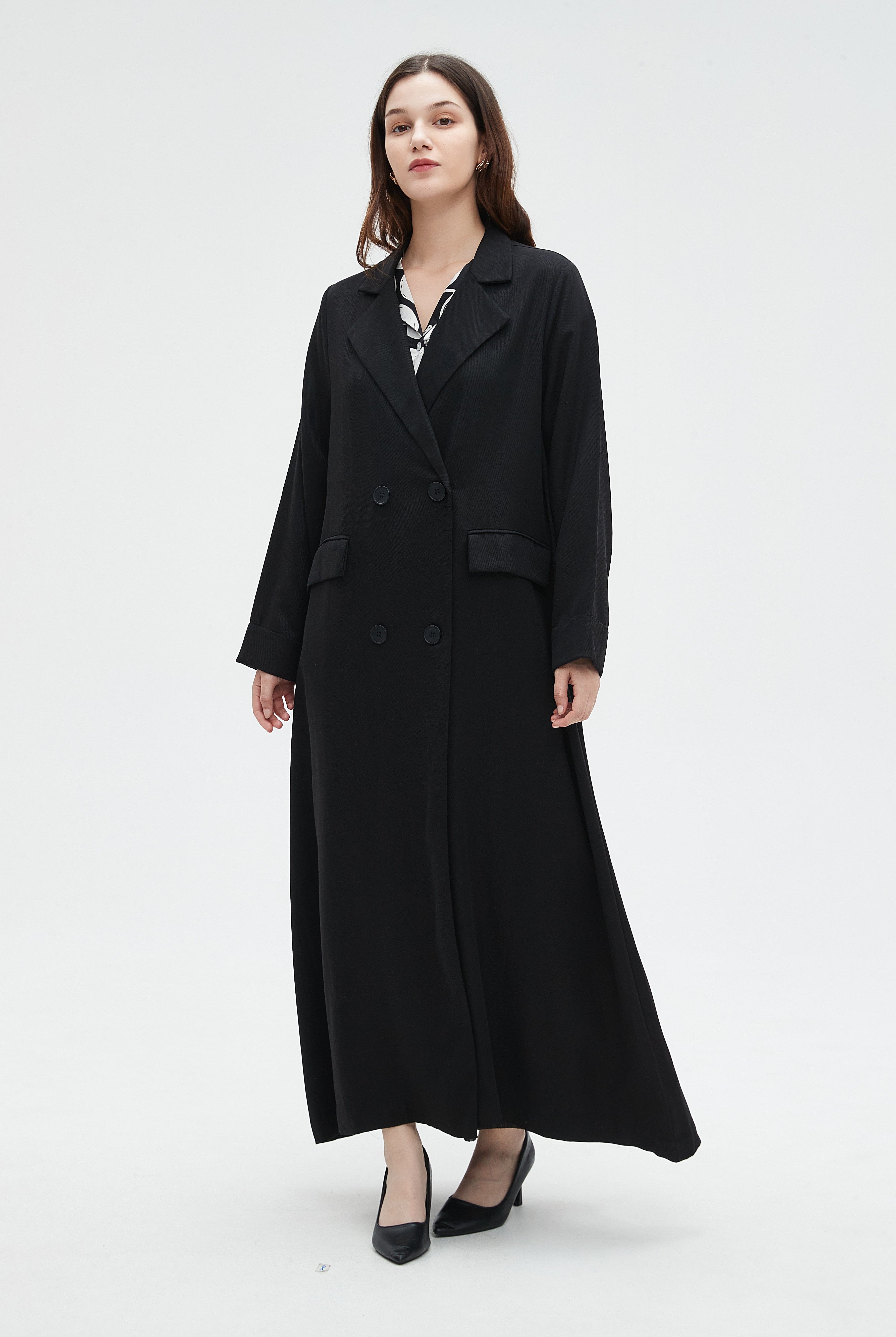 نتشي جاكيت ماكسي ساده بكم طويل وازرار من الامام