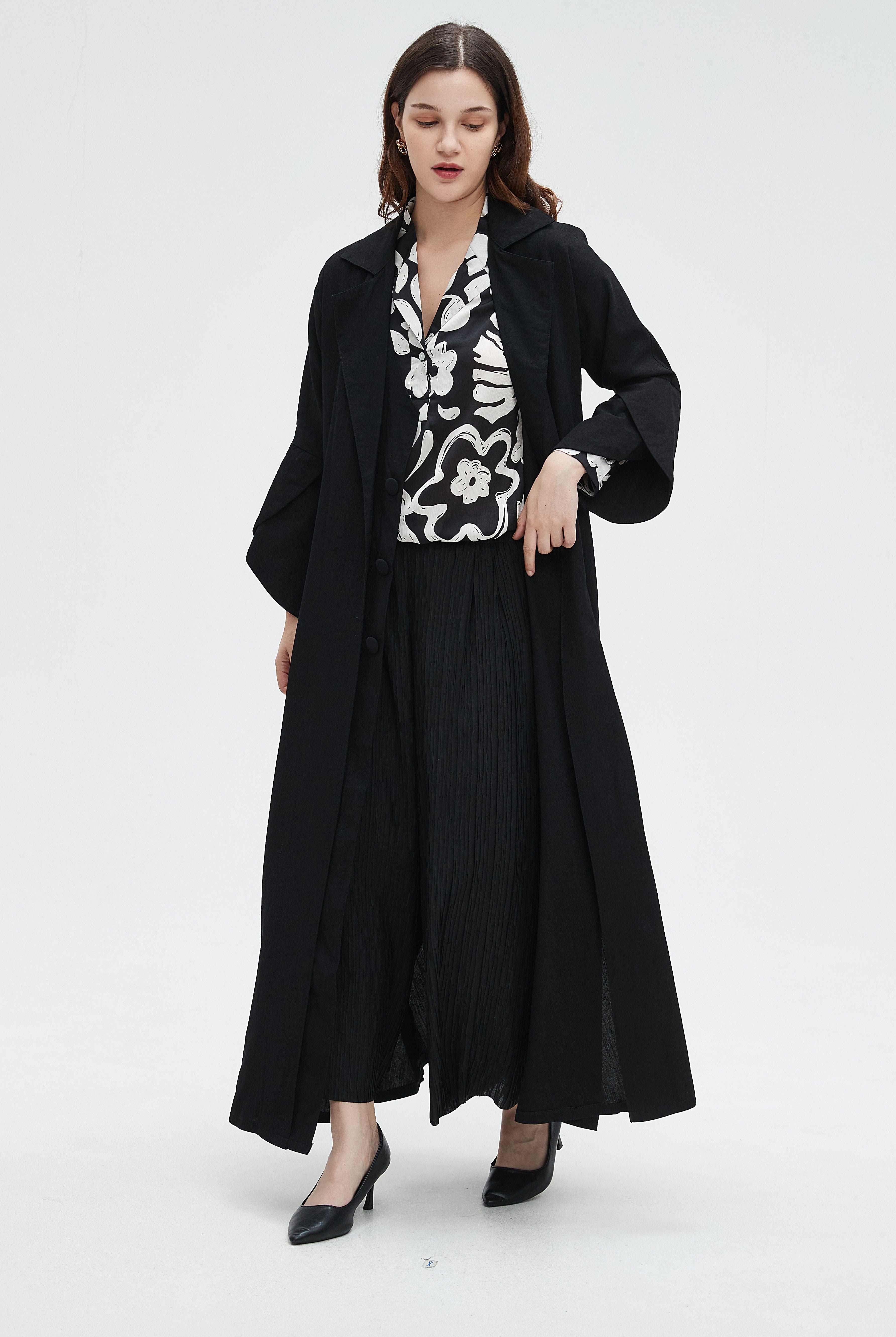 نتشي جاكيت نسائي طويل سادة بأزرار من الامام وأكمام طويلة