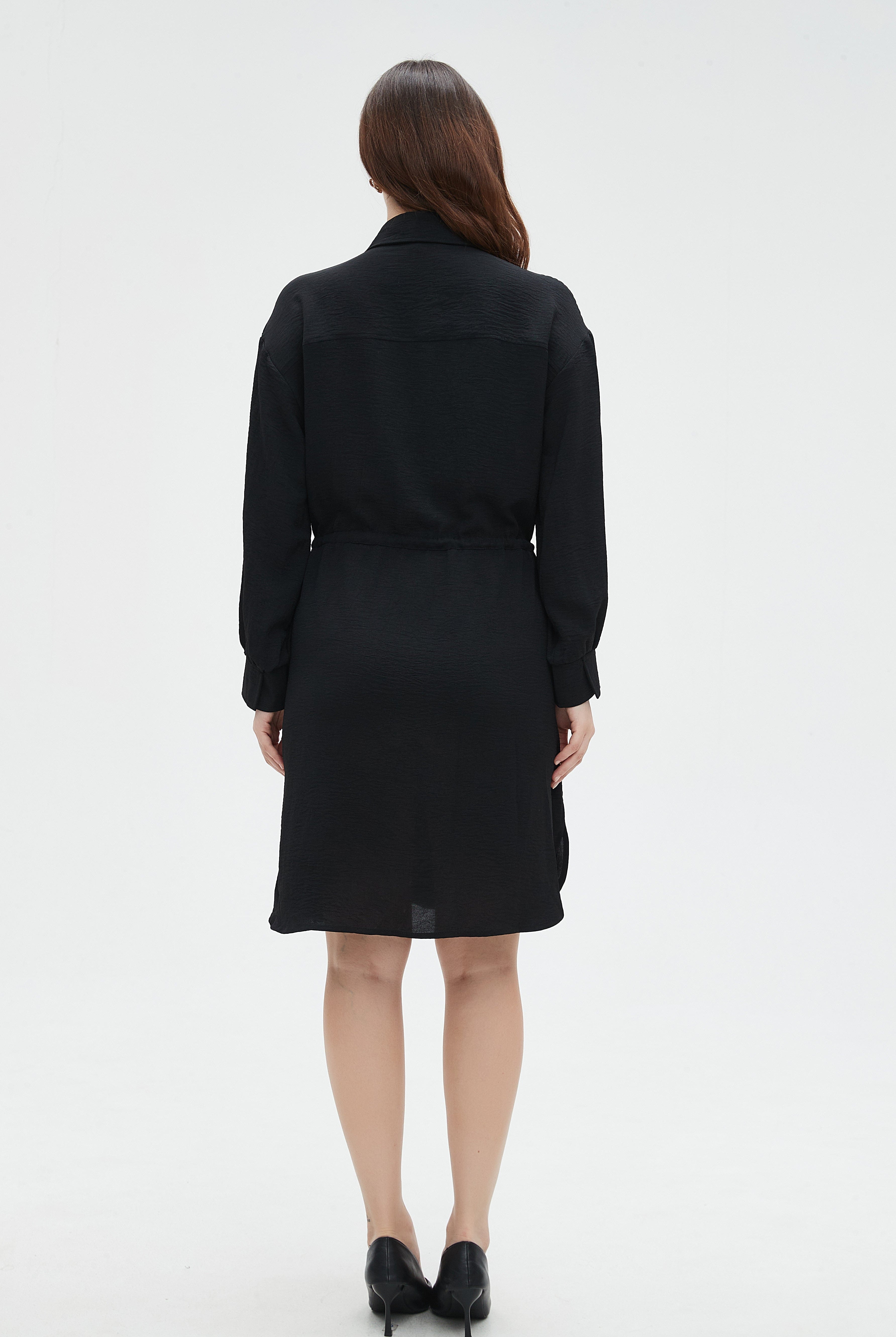 نتشي فستان نسائي ميدي بأكمام طويلة ورباط على الخصر سادة