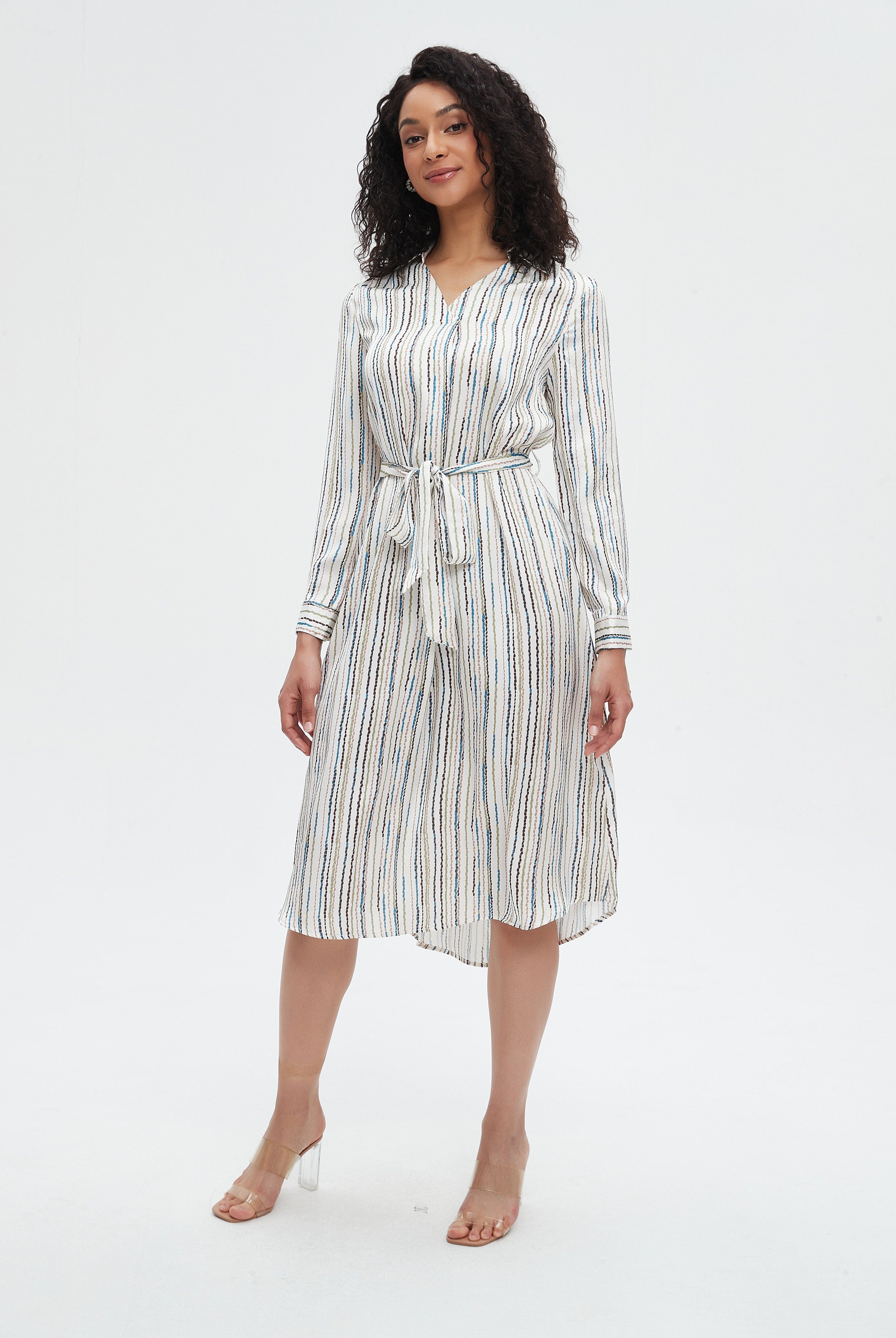 نتشي فستان نسائي ميدي مخطط بالطول برباط على الخصر وكم طويل