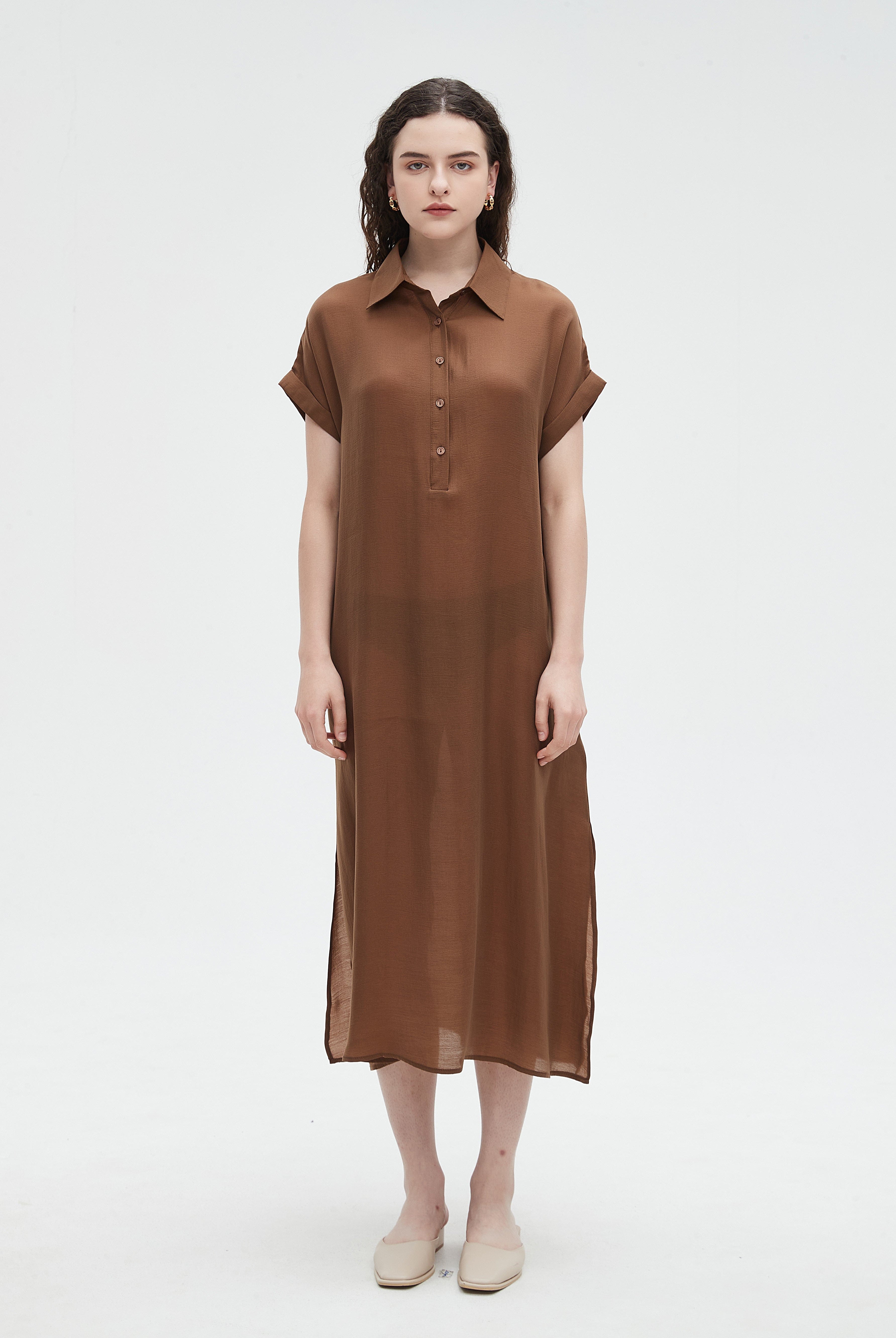 نتشي فستان ميدي نسائي نص كم ساده بياقة وازرار