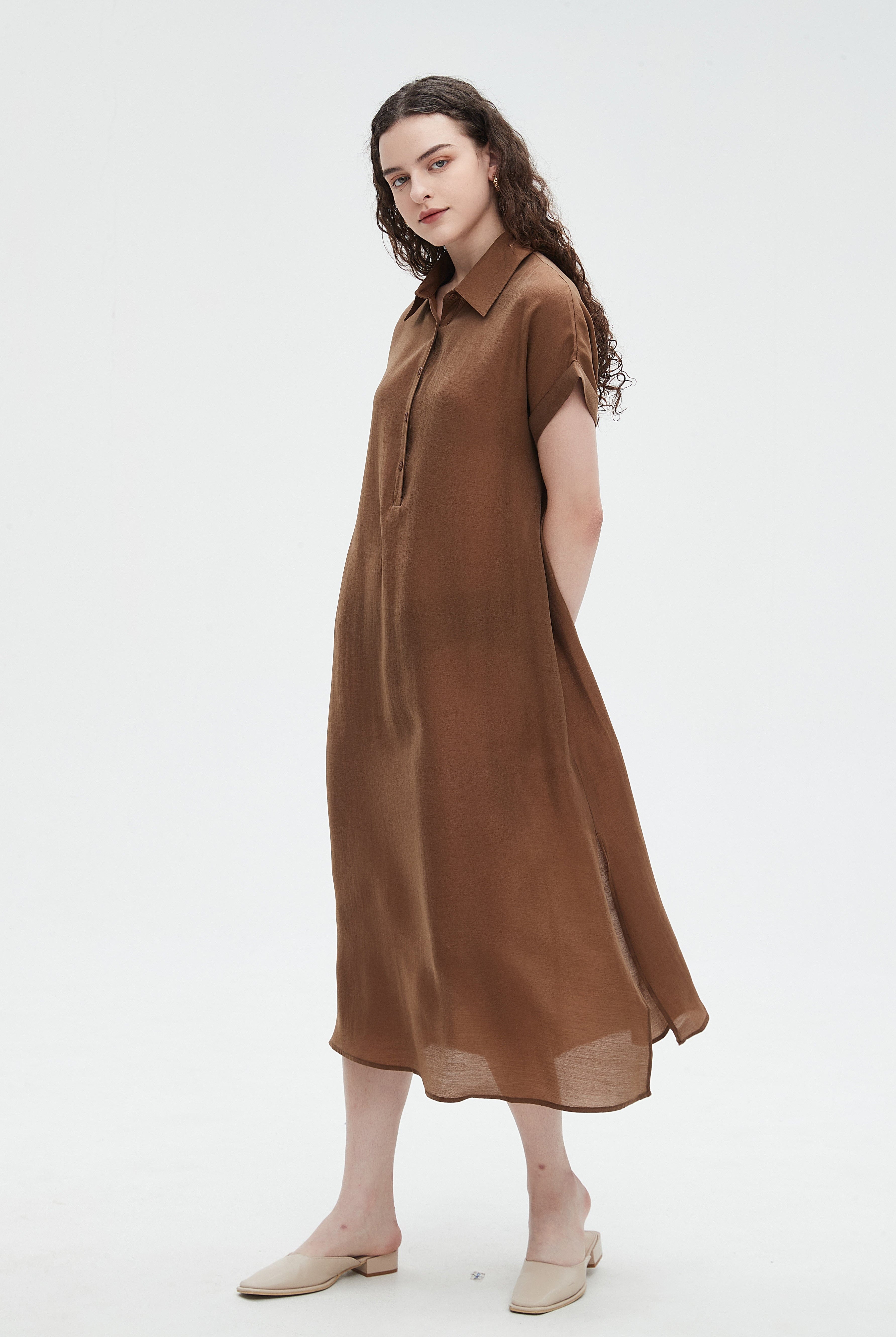 نتشي فستان ميدي نسائي نص كم ساده بياقة وازرار