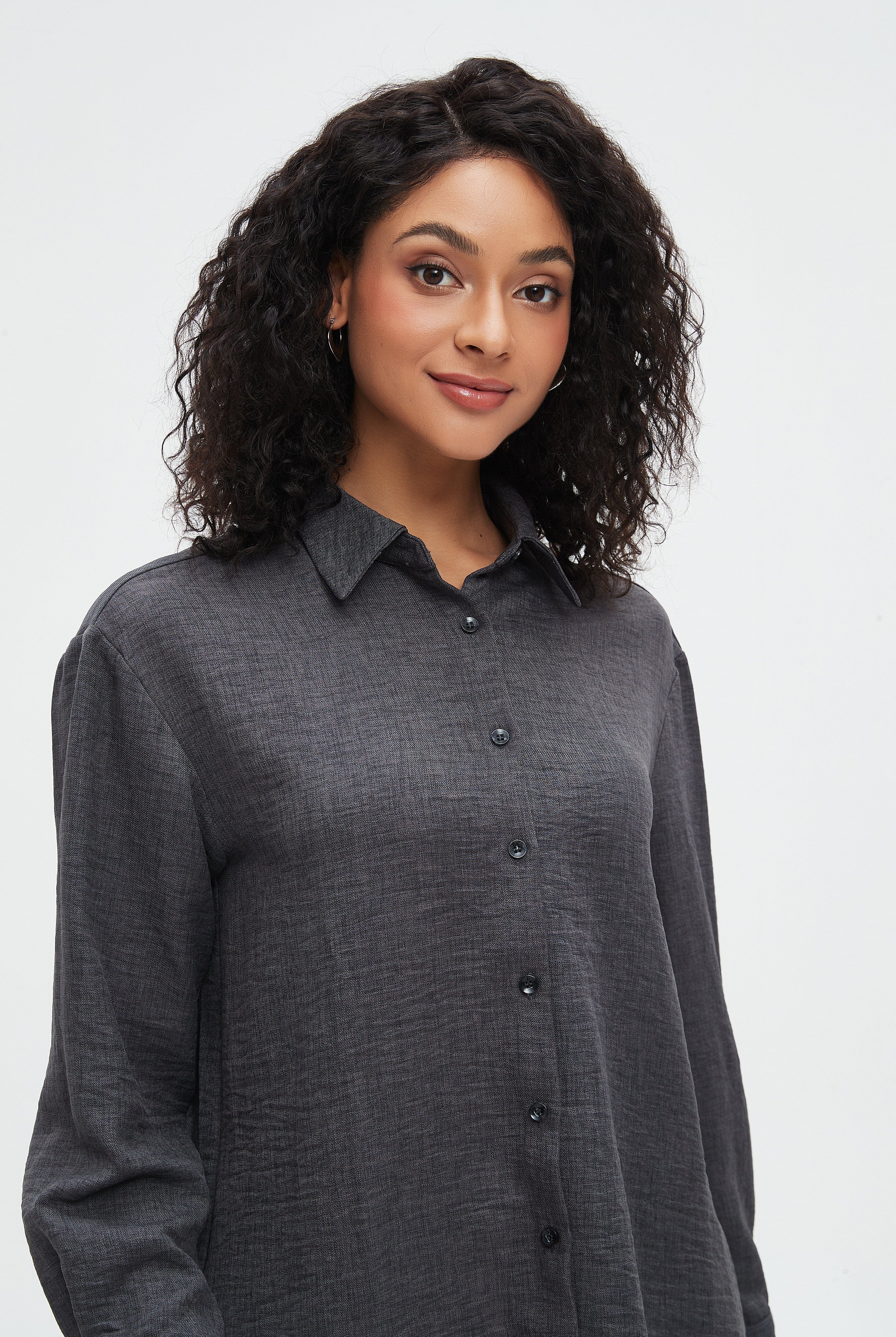 ميكا بلوزة نسائية طويلة سادة بأكمام طويلة ورباط على العنق