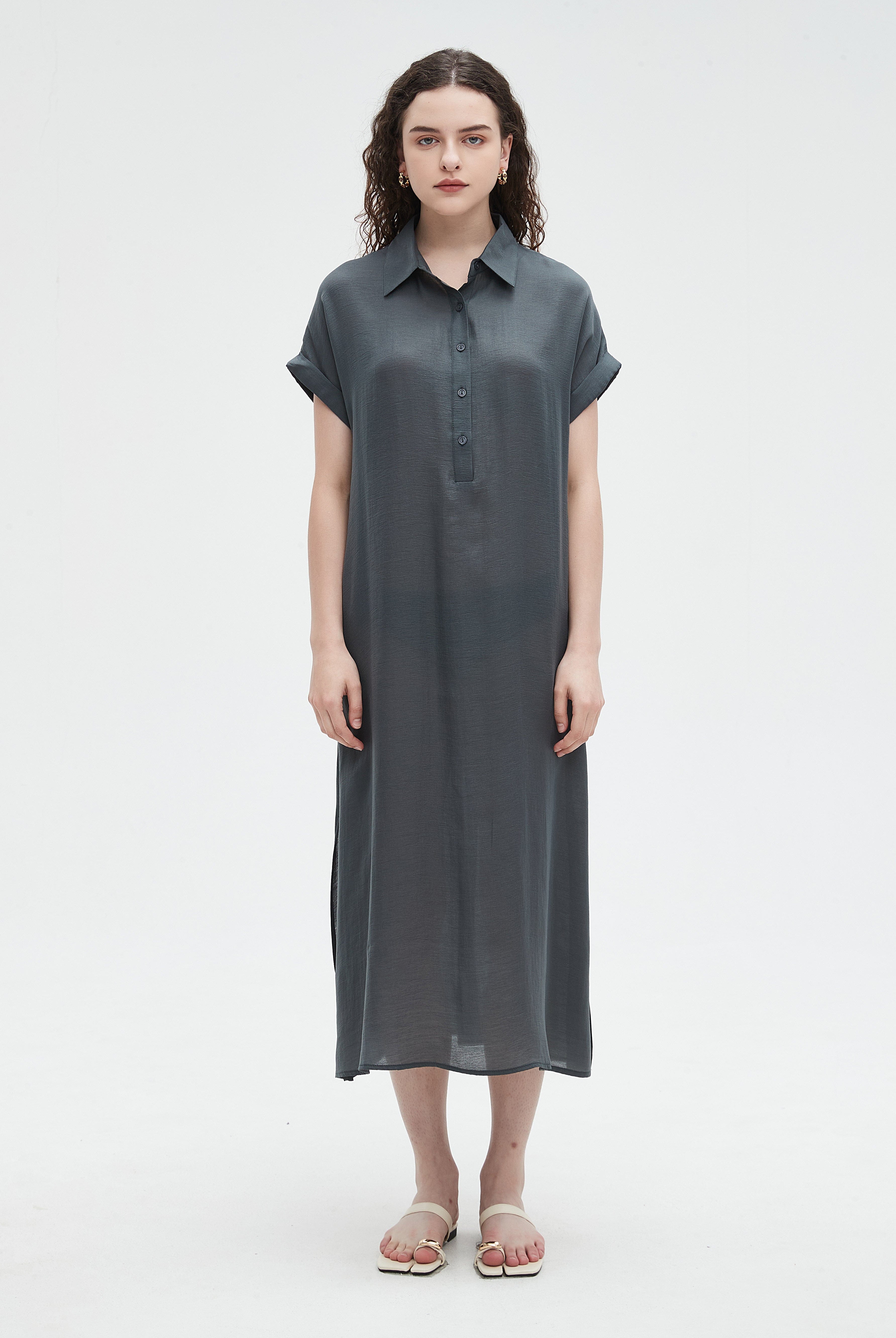 نتشي فستان ميدي نسائي نص كم ساده بياقة وازرار