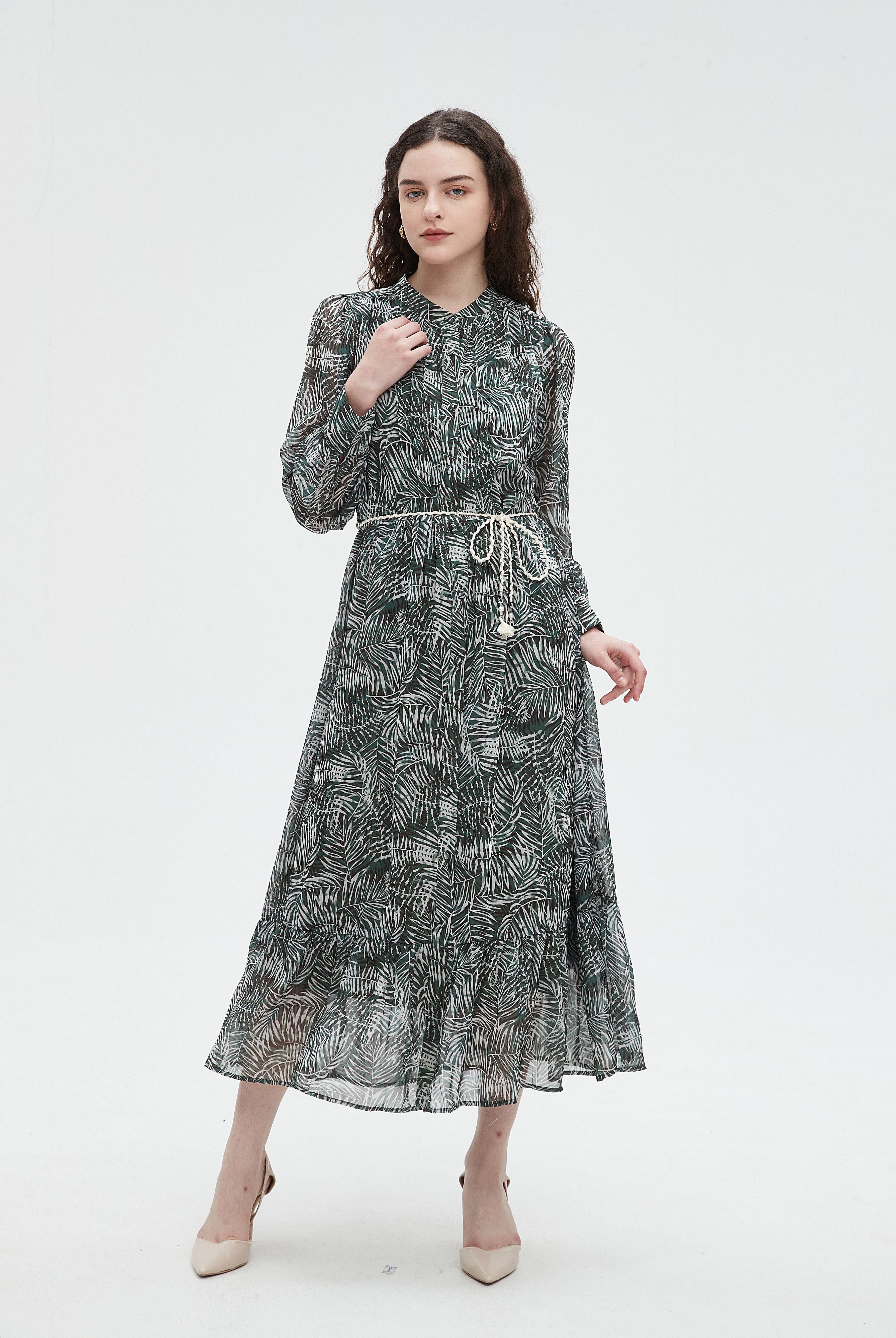 نتشي فستان ميدي مشجر بأكمام طويلة ورباط على الخصر