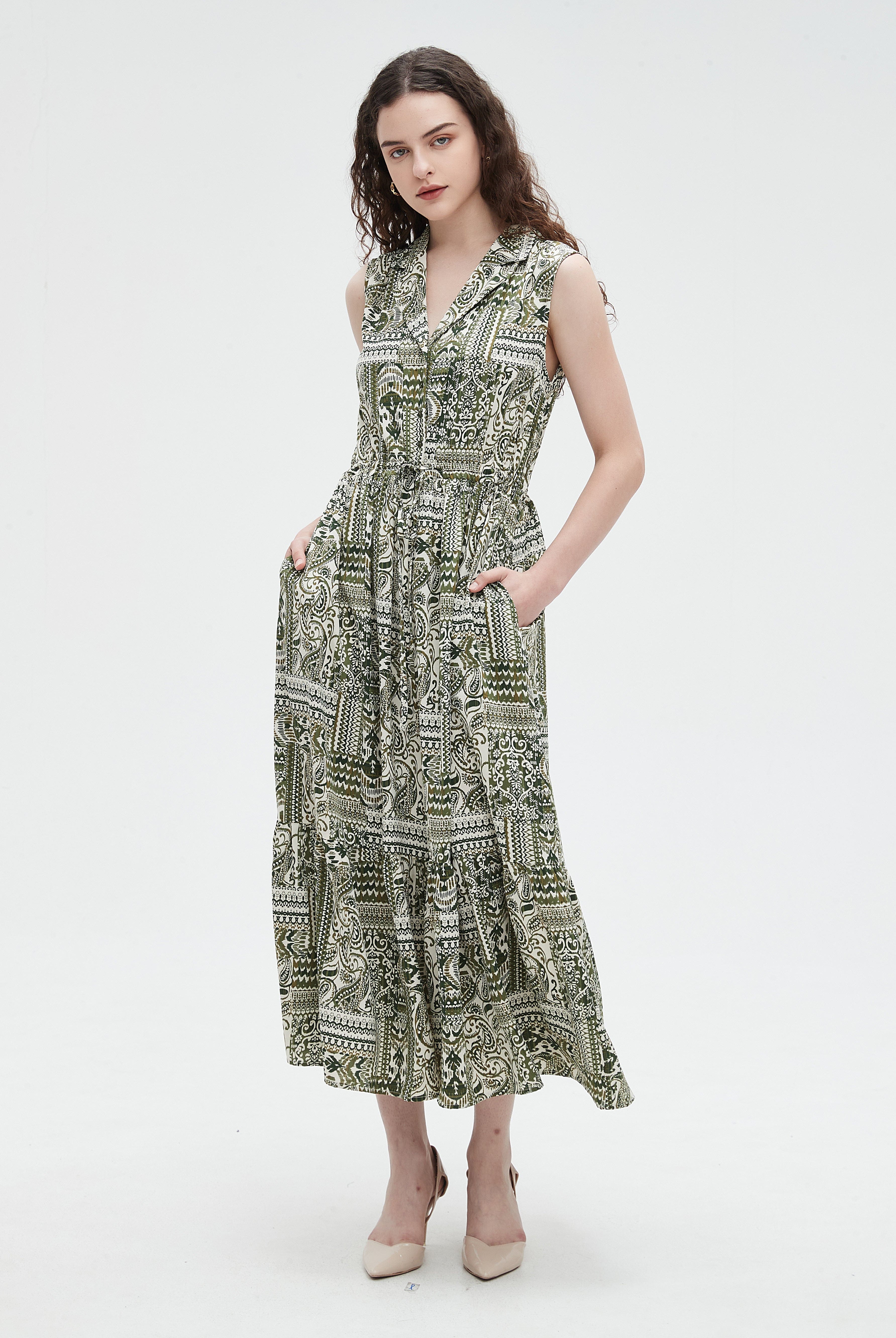 نتشي فستان ميدي كات نسائي منقوش طويل بياقة