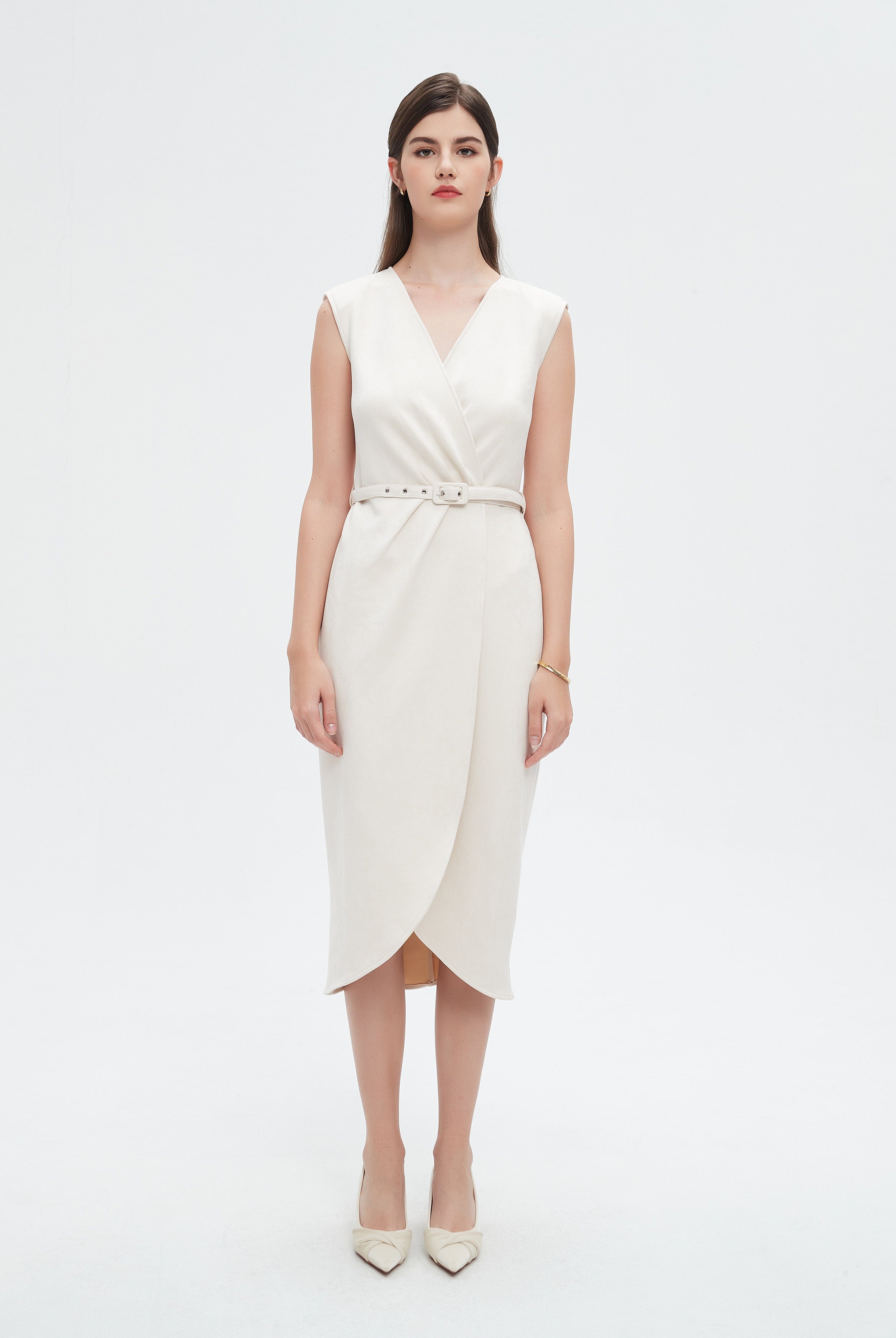 نتشي فستان نسائي ميدي بدون اكمام وبحزام عالخصر