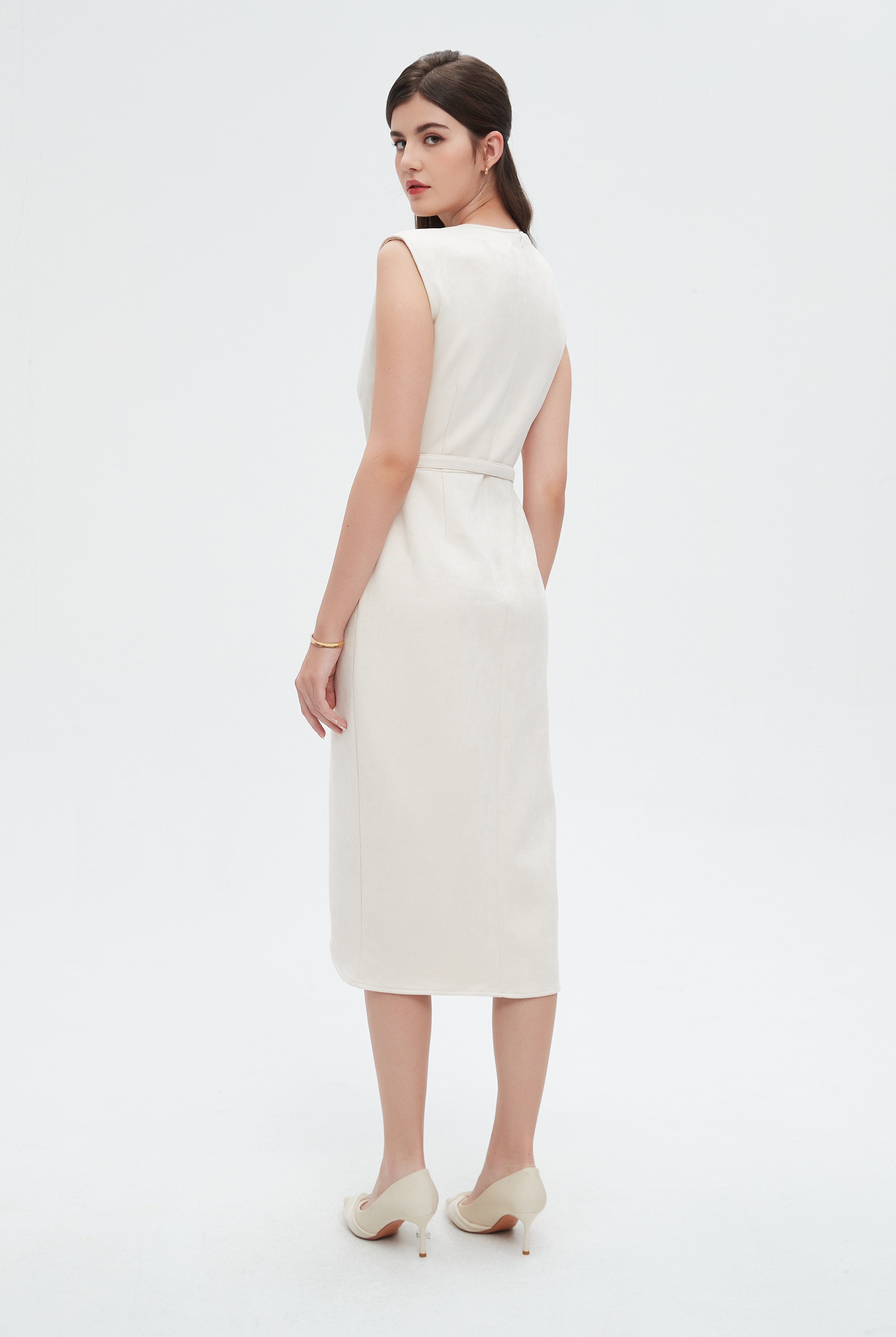 نتشي فستان نسائي ميدي بدون اكمام وبحزام عالخصر