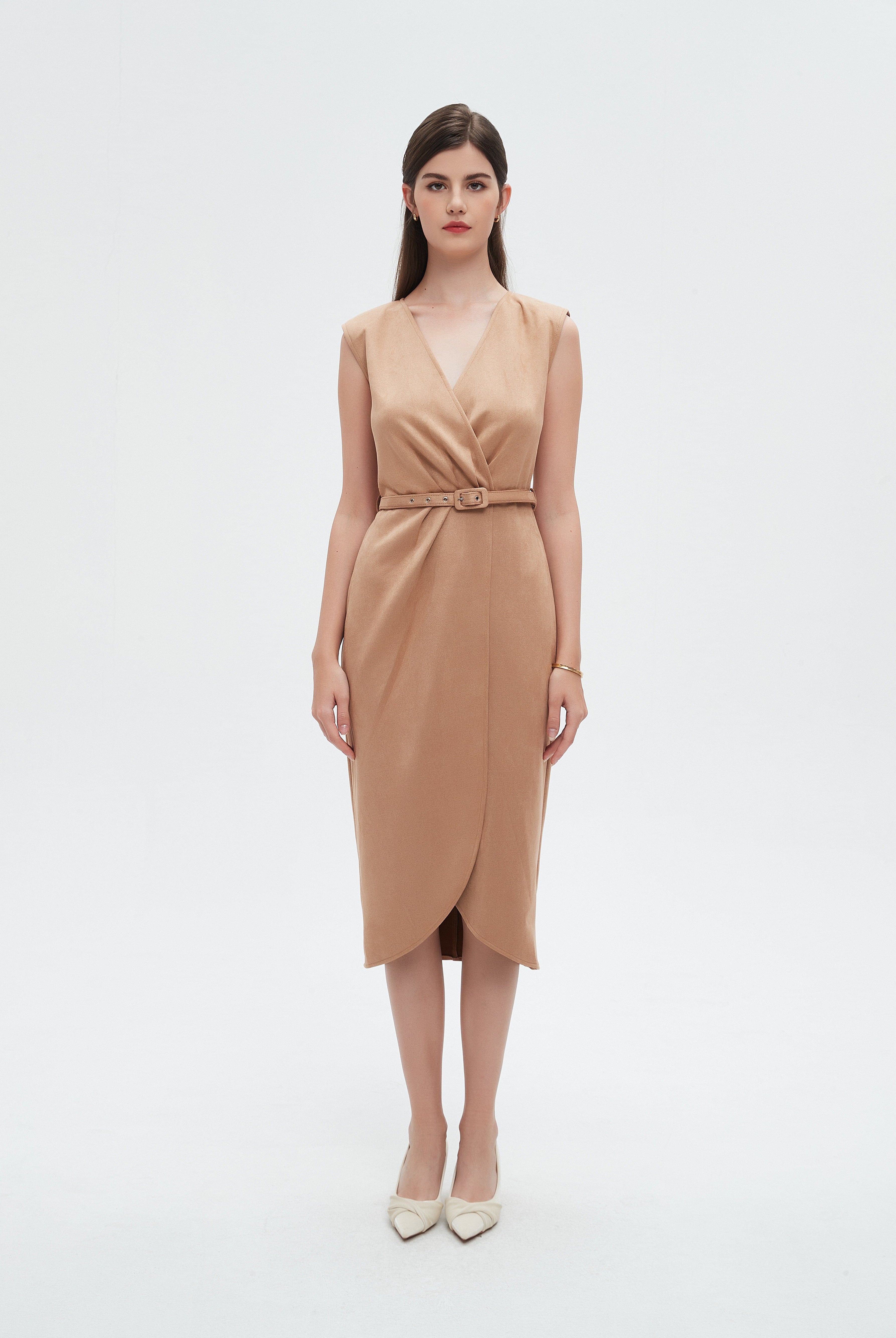 نتشي فستان نسائي ميدي بدون اكمام وبحزام عالخصر