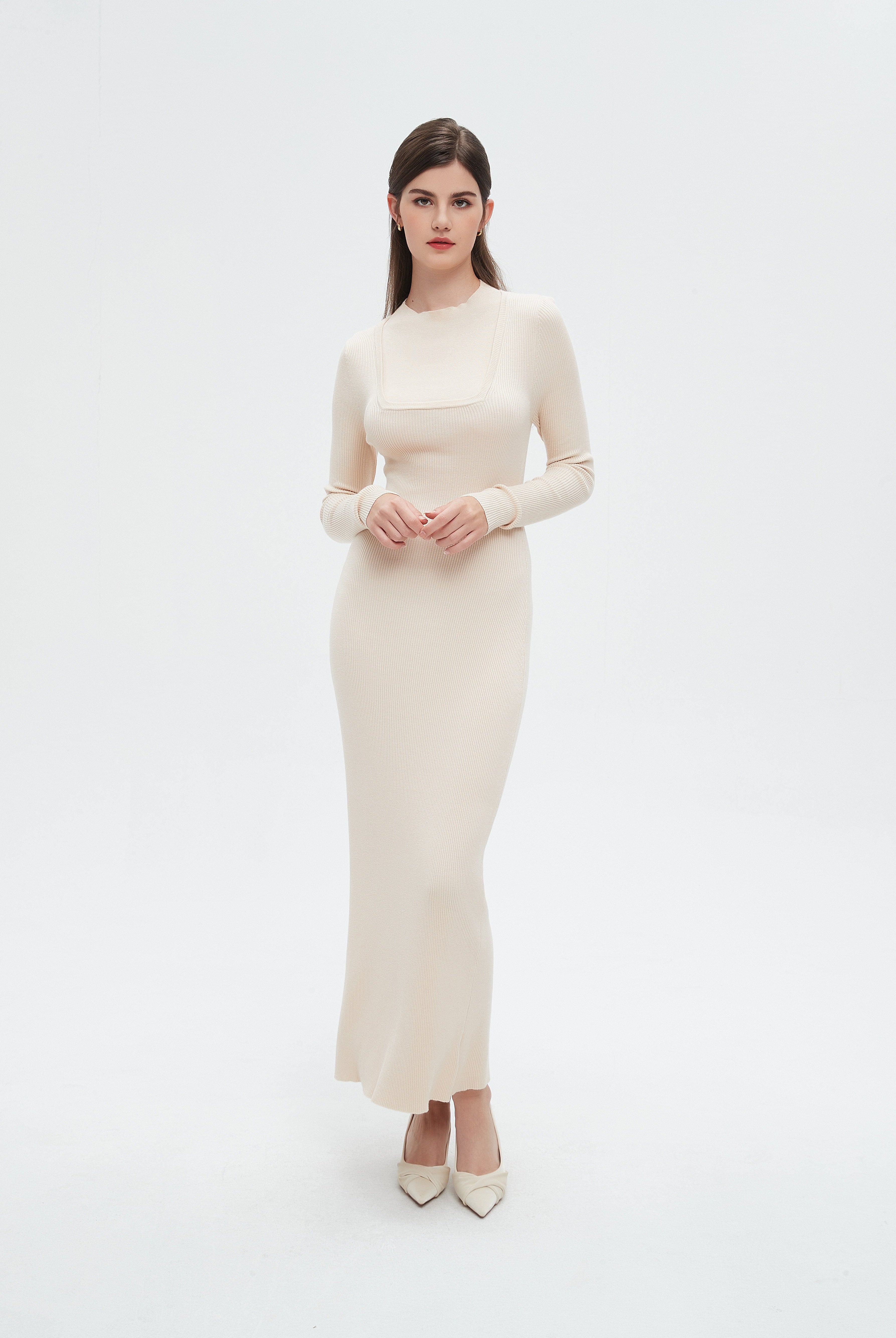 نتشي فستان نسائي طويل سادة بكم طويل