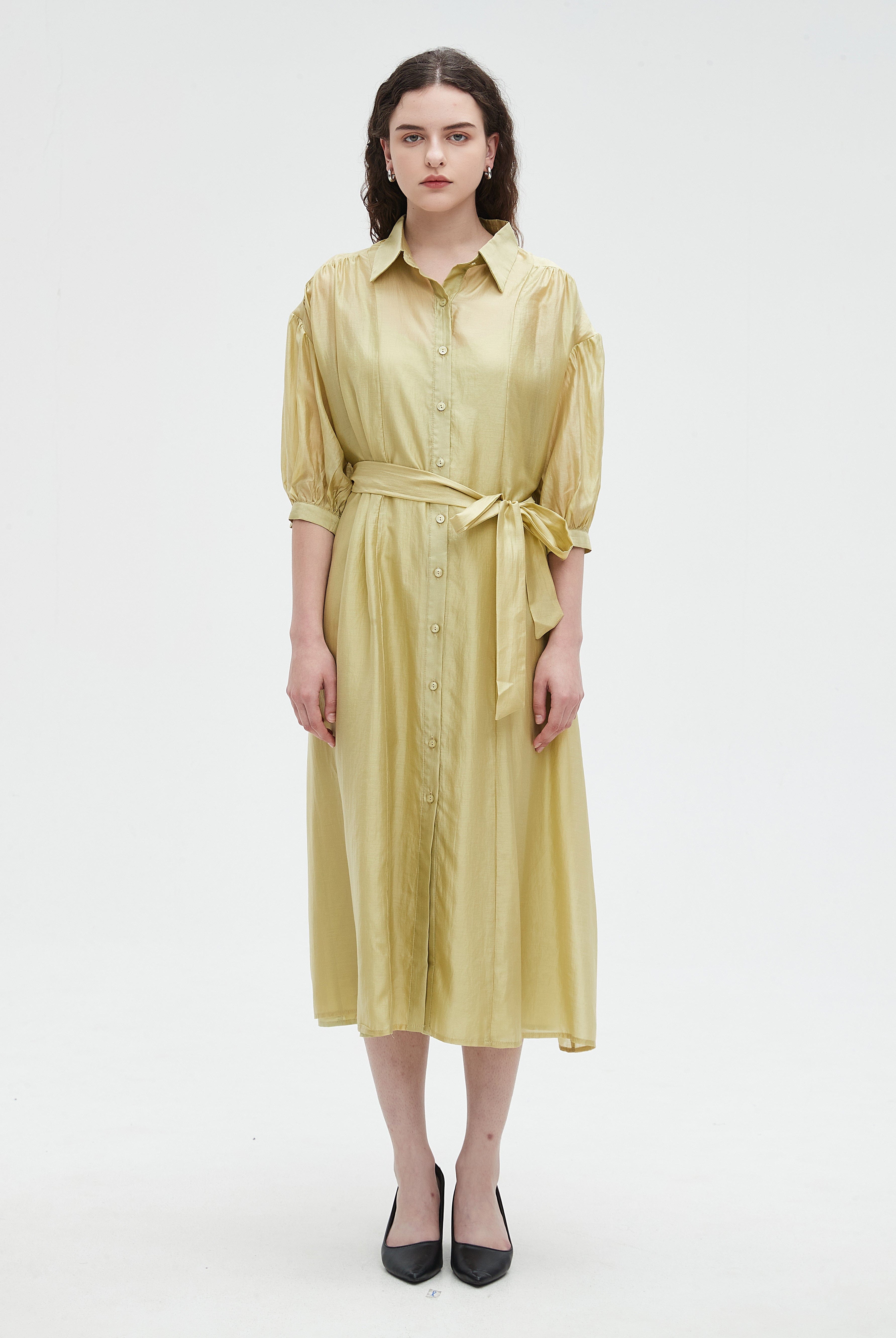 نتشي فستان ميدي برباط على الخصر ساده 3/4 كم