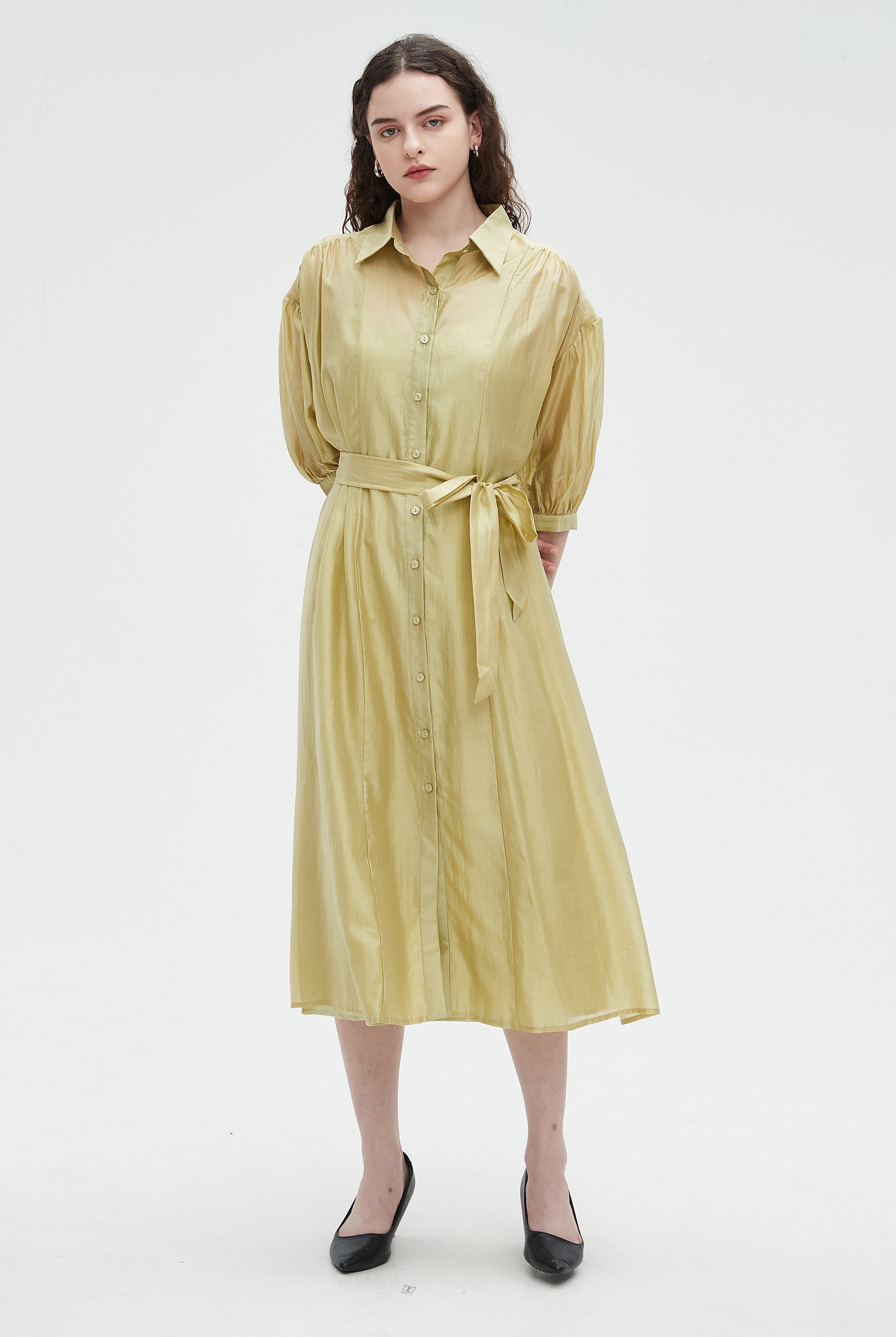 نتشي فستان ميدي برباط على الخصر ساده 3/4 كم