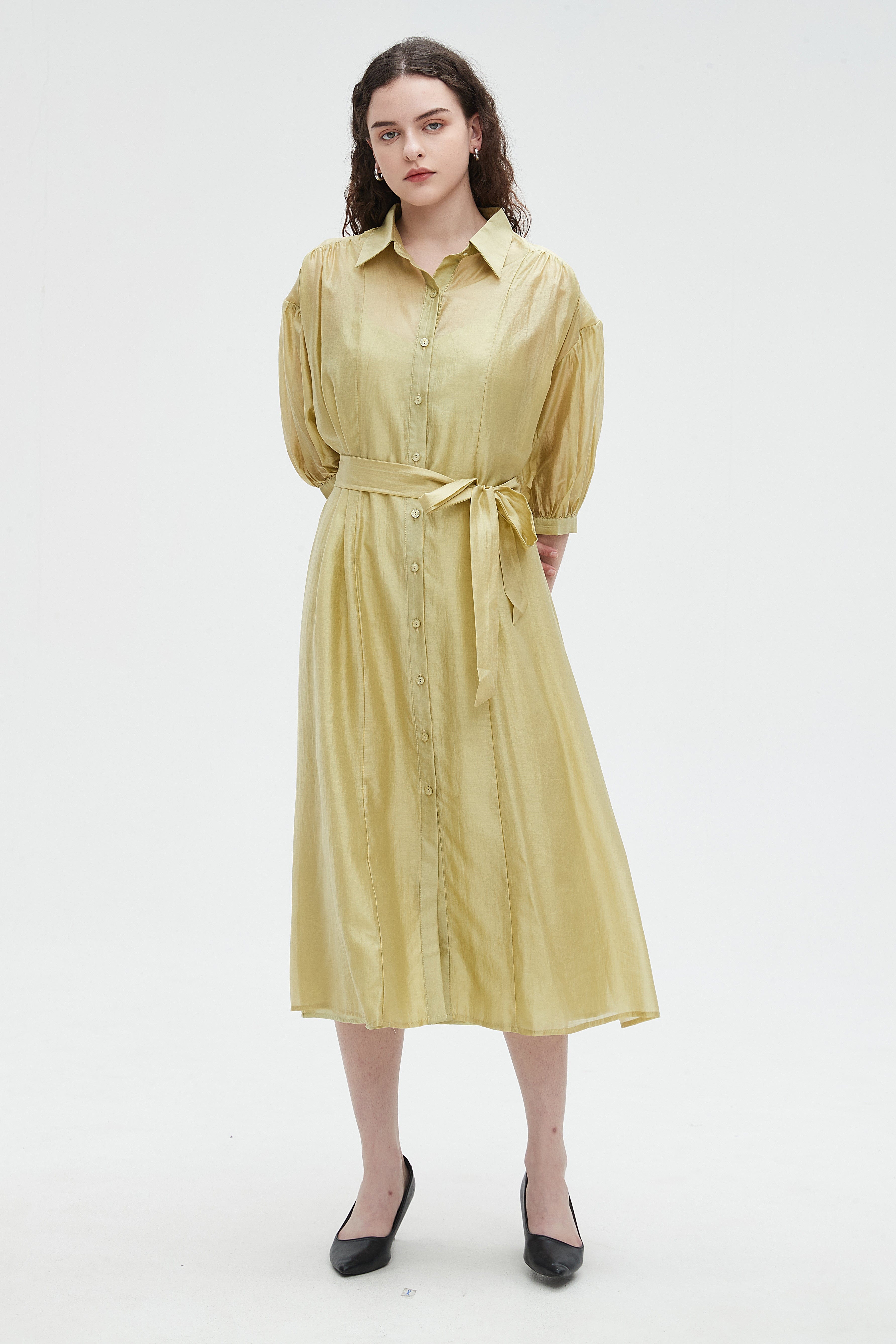 نتشي فستان ميدي برباط على الخصر ساده 3/4 كم