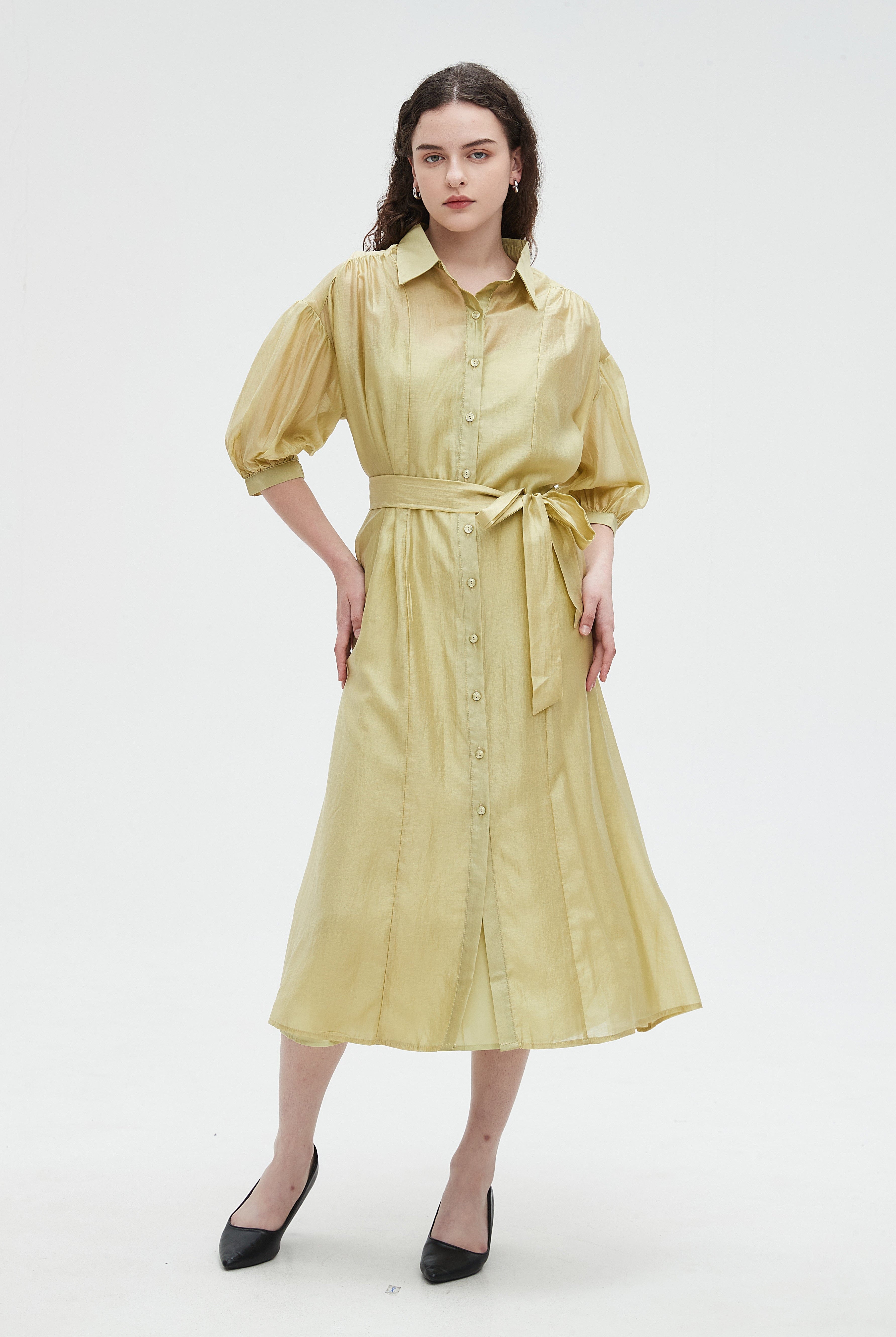 نتشي فستان ميدي برباط على الخصر ساده 3/4 كم