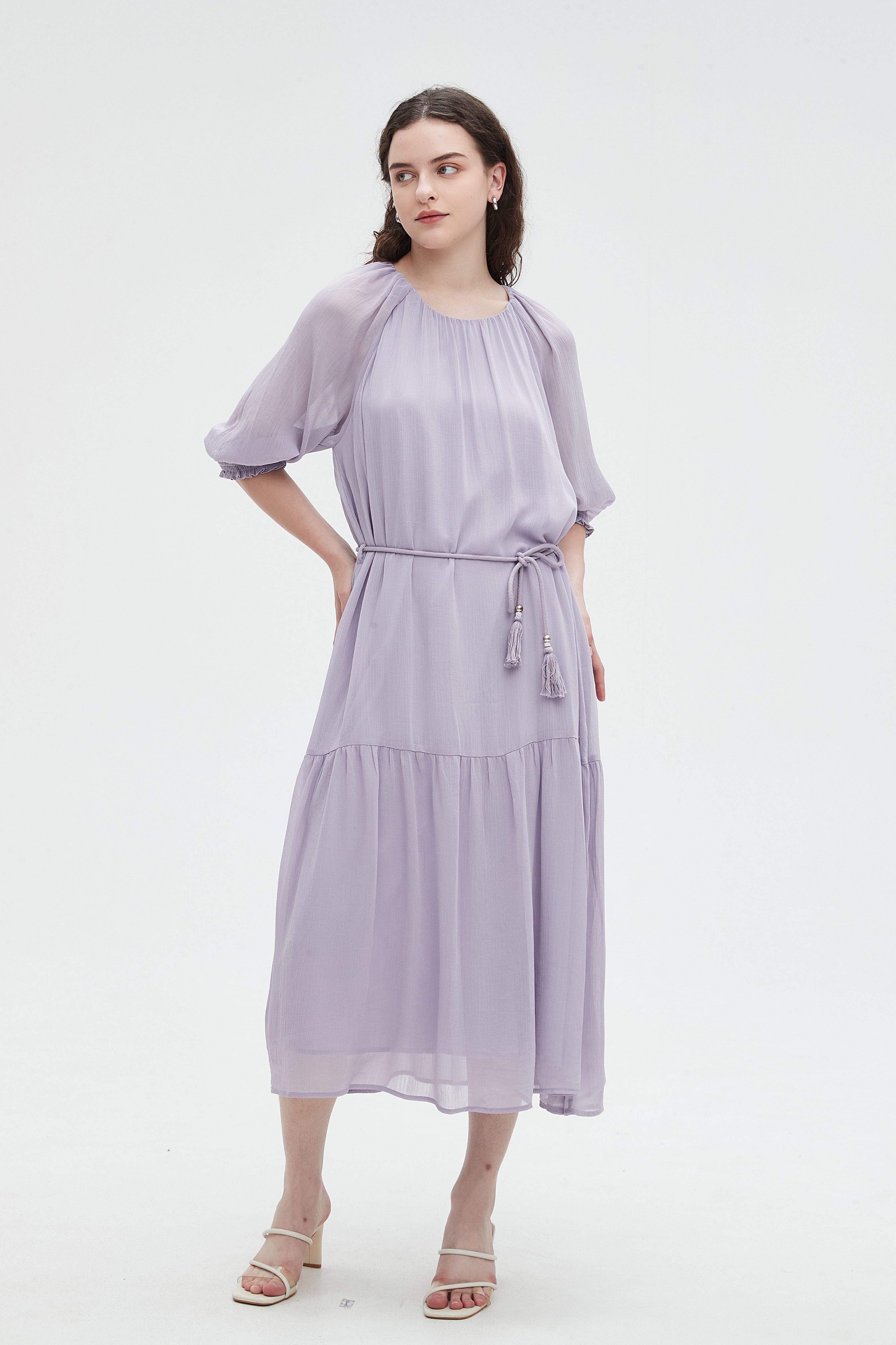 نتشي فستان ميدي 3/4 كم برباط عالخصر